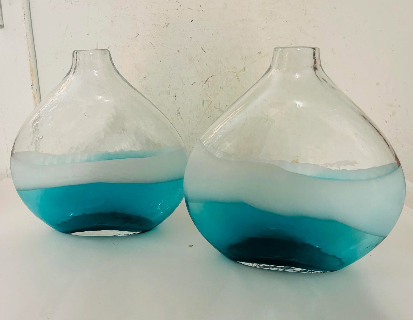 Pair of Vintage Modern Artisan Made Hand Blown Turquoise & White Glass Vases - 3