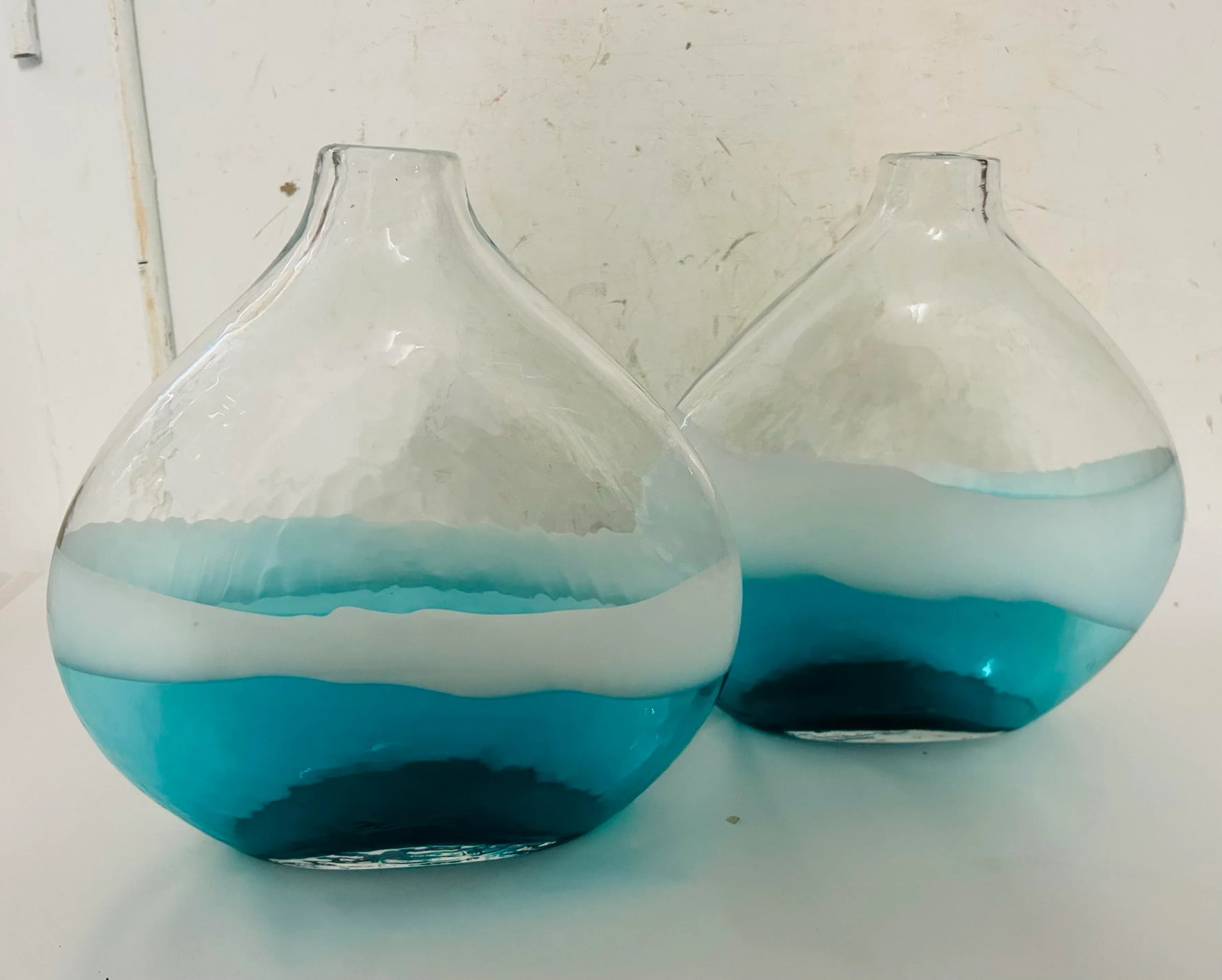 Pair of Vintage Modern Artisan Made Hand Blown Turquoise & White Glass Vases - 4