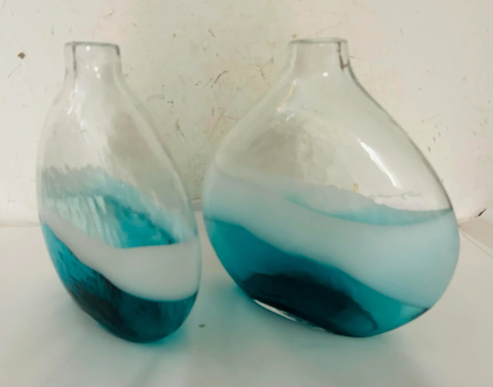 Pair of Vintage Modern Artisan Made Hand Blown Turquoise & White Glass Vases - 5