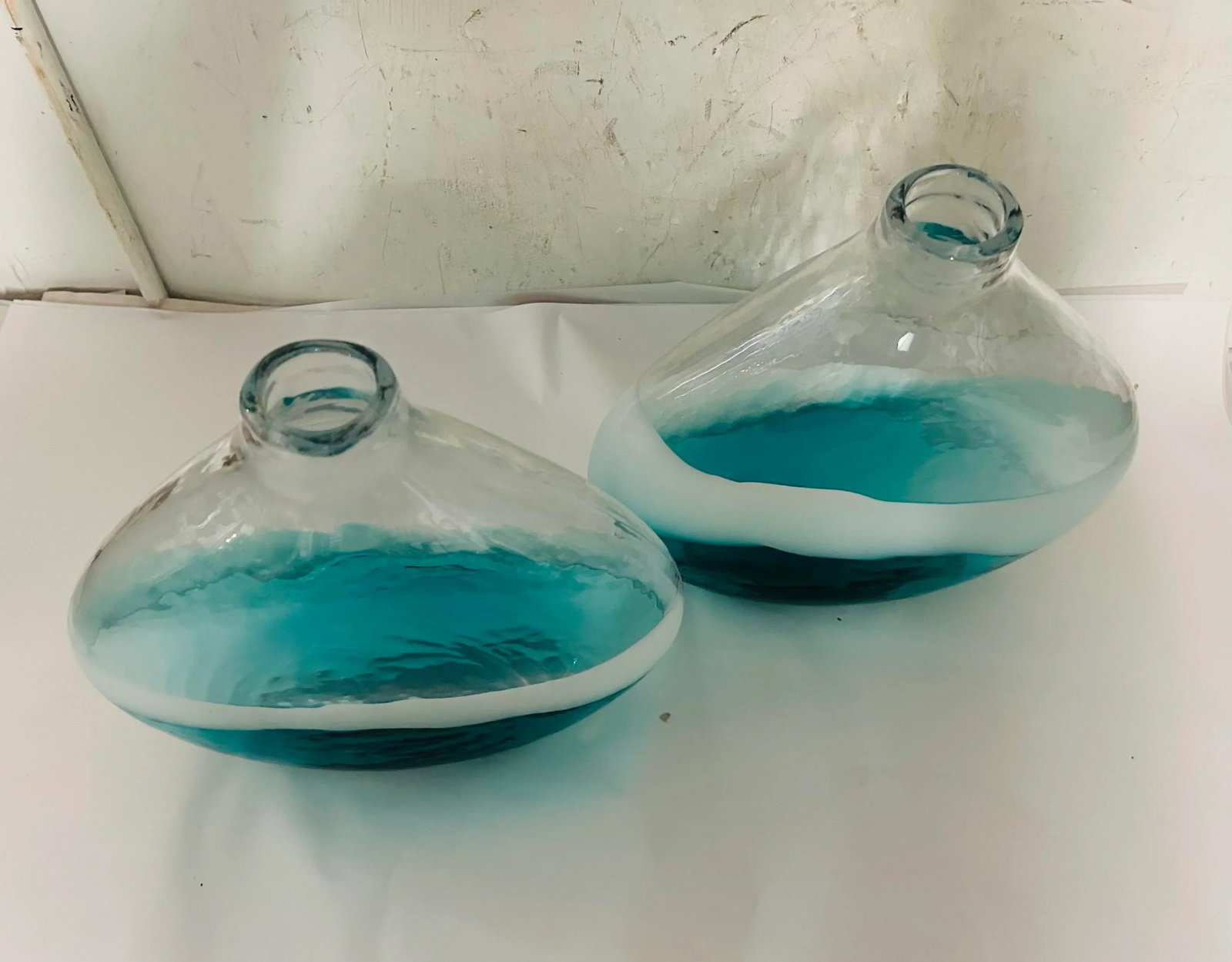 Pair of Vintage Modern Artisan Made Hand Blown Turquoise & White Glass Vases - 6
