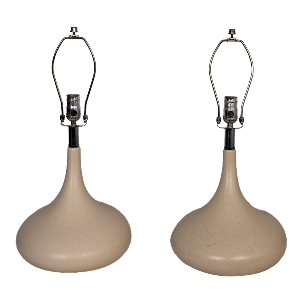 Mid 20th Century Panthella Style Table Lamp: A pair of Panthella influence ceramic Lamps. Unusual shape. Giving way to a sculptural presence. Soft pink textured glaze for added depth. Graceful in shape. Dimensions are 14 inches tall. 10 inches a