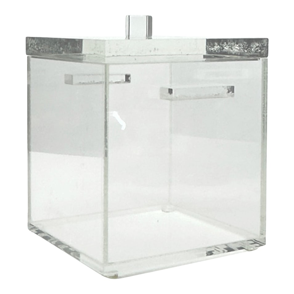 Heavy Cube-Shaped Lucite Ice Bucket With Lid, Liner and Tongs (1 of 9)