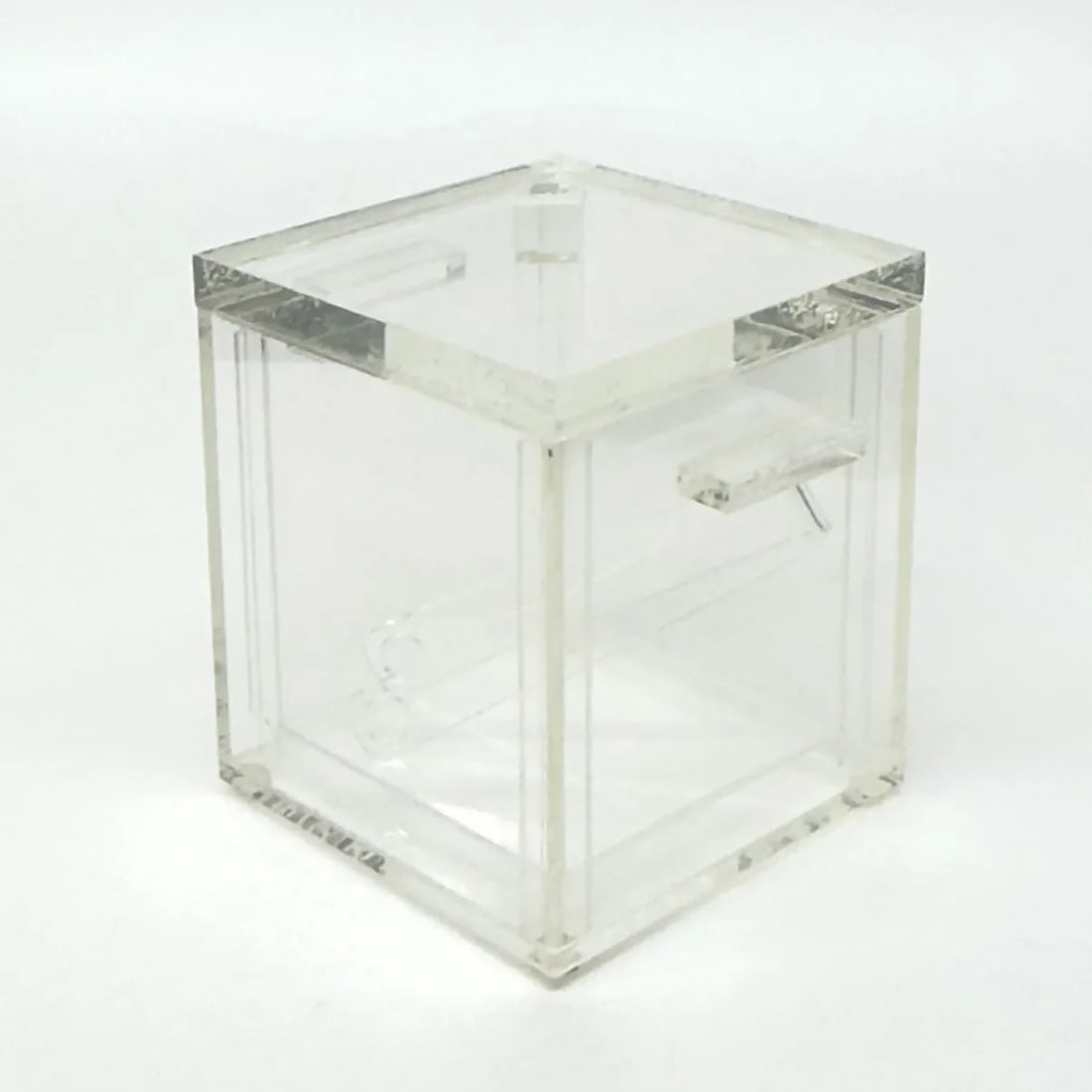 Heavy Cube-Shaped Lucite Ice Bucket With Lid, Liner and Tongs - 3
