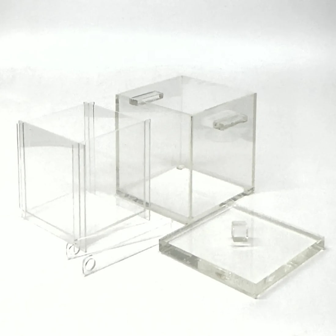 Heavy Cube-Shaped Lucite Ice Bucket With Lid, Liner and Tongs - 7