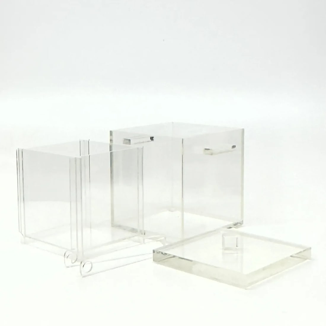 Heavy Cube-Shaped Lucite Ice Bucket With Lid, Liner and Tongs - 8