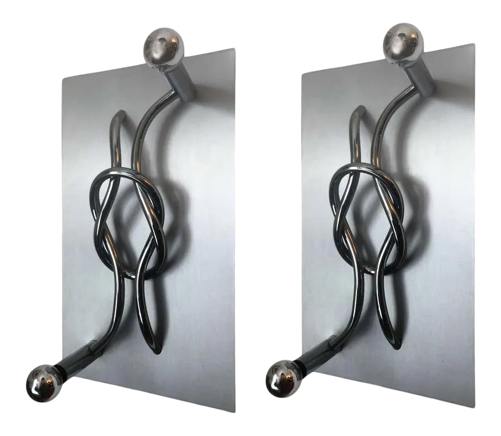 1970s Sculptural Missaglia for Giocomo Benevelli Italian Wall Lights - a Pair: An unusual pair of 1970s large sculptural Italian wall lights composed of a satin brushed back with polished chrome linking tubes with two-light sources each. Designed by Gaetone Missaglia for Giocomo