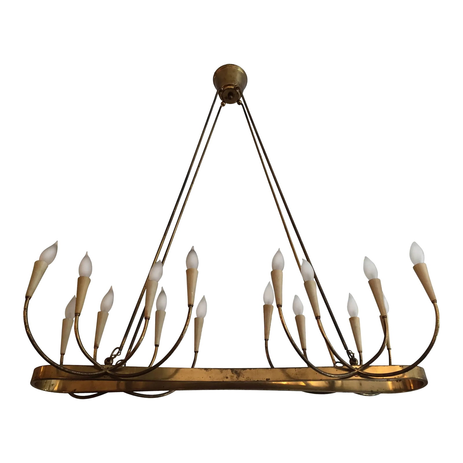 Grand Italian 1940s Chandelier: A wonderful large 1940s Italian aged brass and cream enamel 16 light chandelier. Rewired. Condition: Alterations: Restored Imperfections: Some Imperfections Condition Notes: Rewired. Wear consistent w