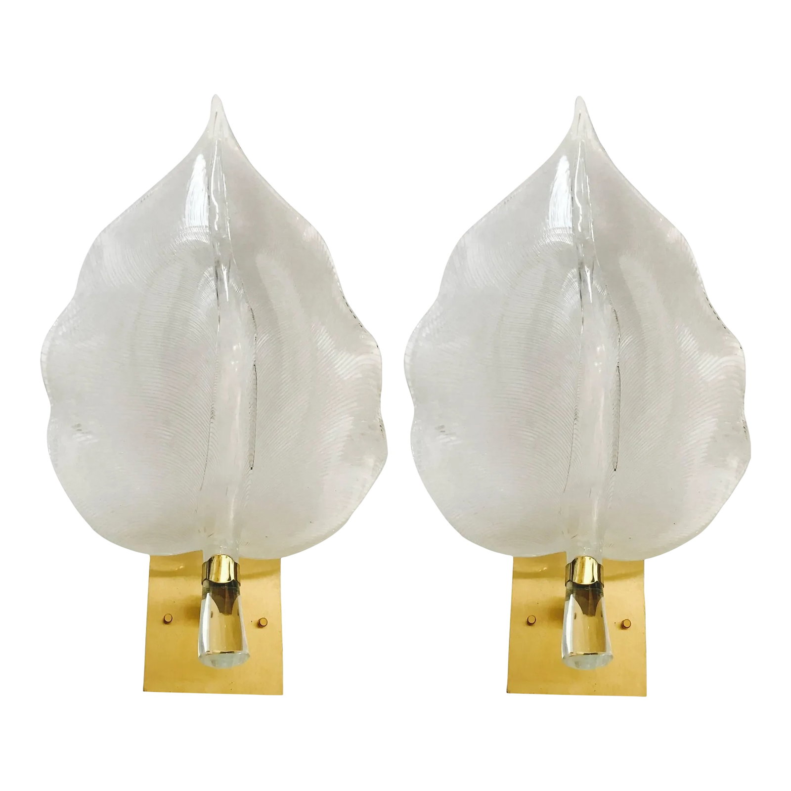Pair of 1960s Large Murano Glass Sconces: A beautiful pair of 1960s handblown clear and light white filigree Murano glass leaf sconces with brass fittings, newly rewired. Condition: Alterations: Original Condition Unaltered Imperfections: