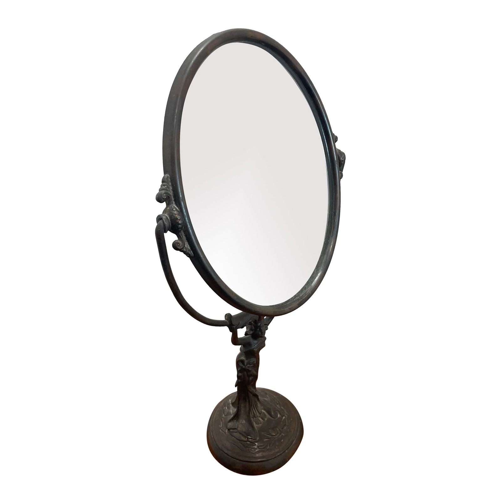Antique Art Nouveau Bronze Figural Woman Vanity Mirror: Antique art nouveau vanity mirror featuring delicate figural woman with flowing dress and intricate detail. Overall good condition. Dimensions: In all: 19''h x 9.5''w x 5''d Mirror alone: 10'' x 8'' C