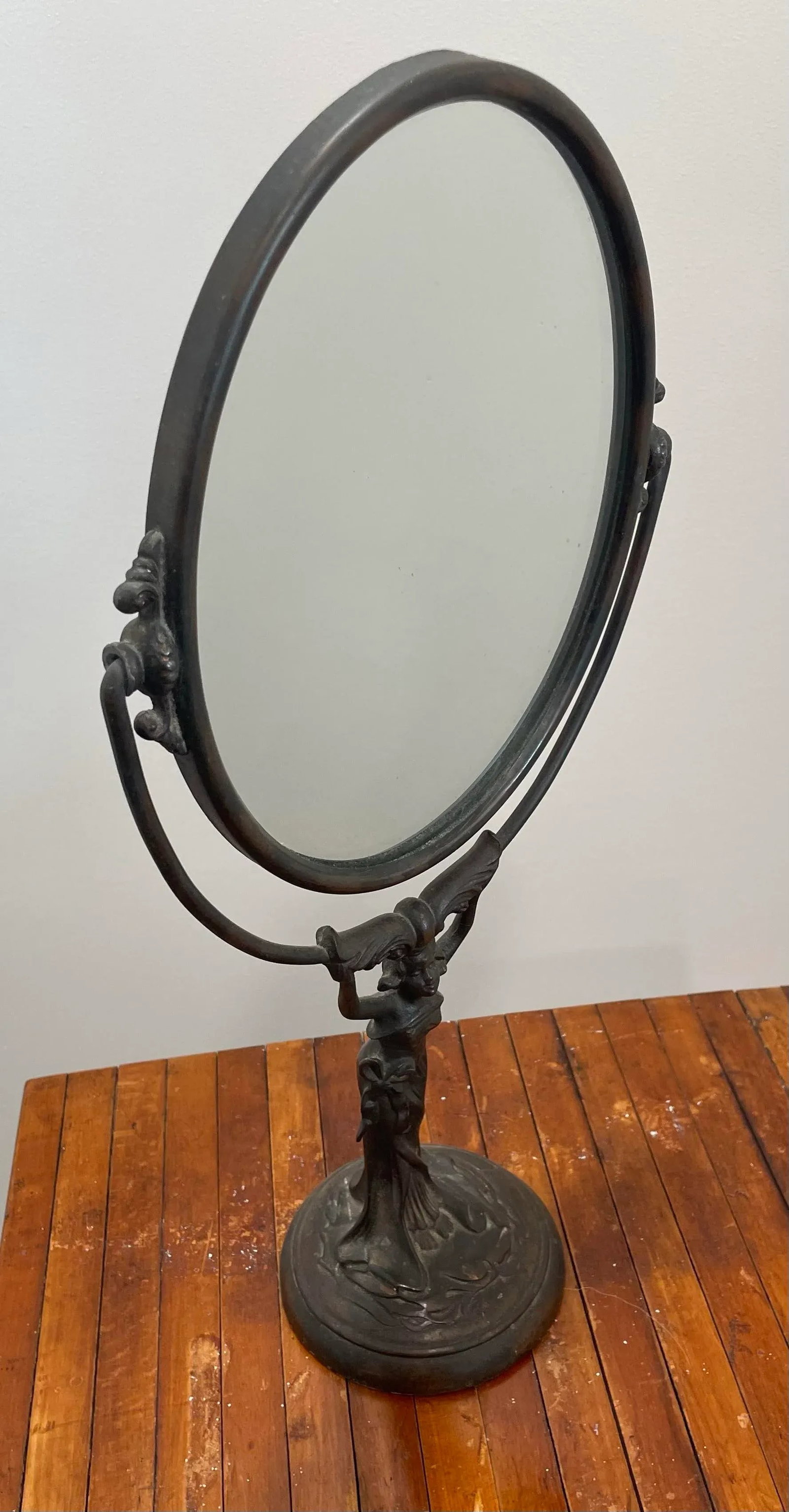 Antique Art Nouveau Bronze Figural Woman Vanity Mirror - 2