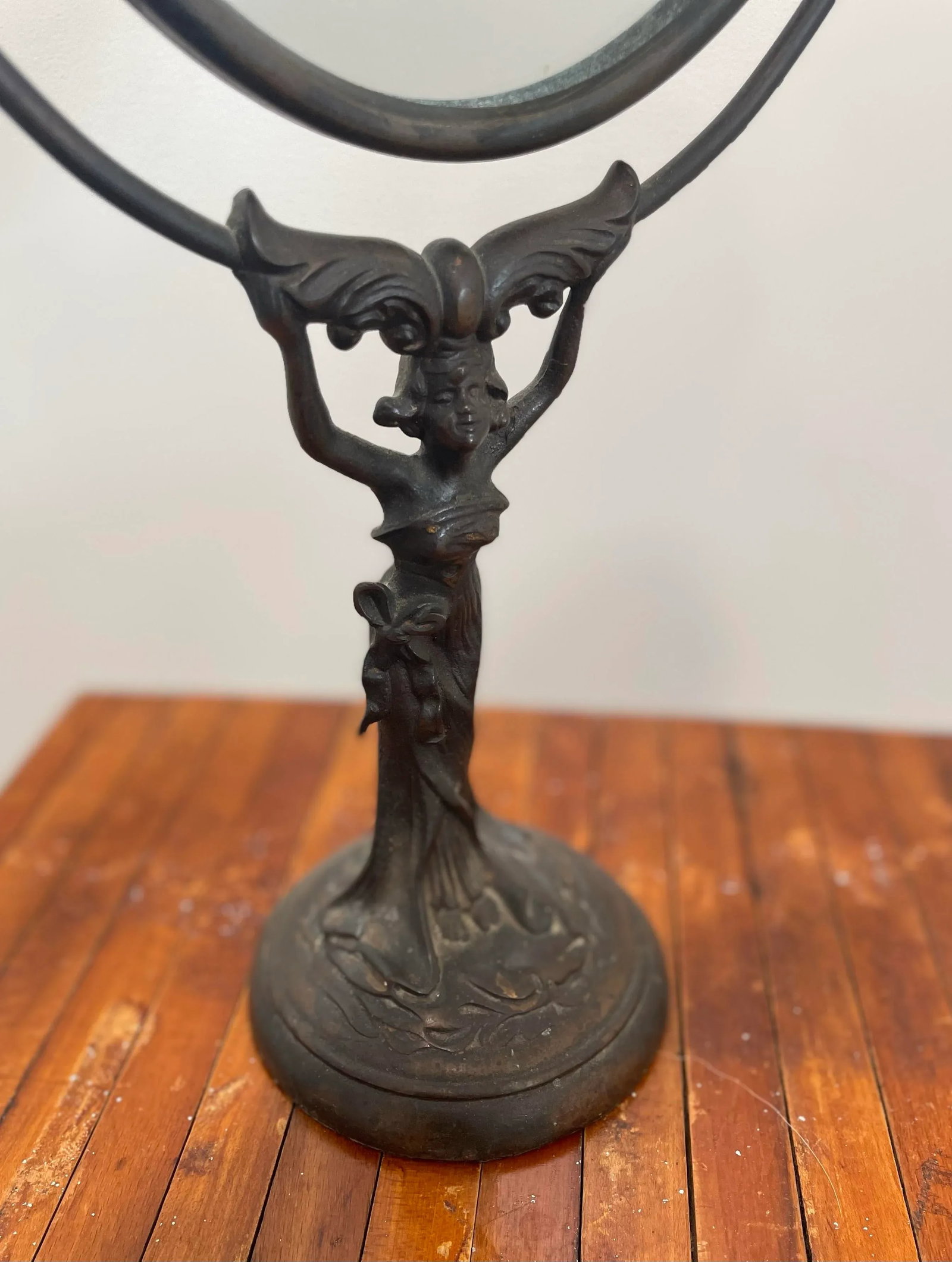 Antique Art Nouveau Bronze Figural Woman Vanity Mirror - 3
