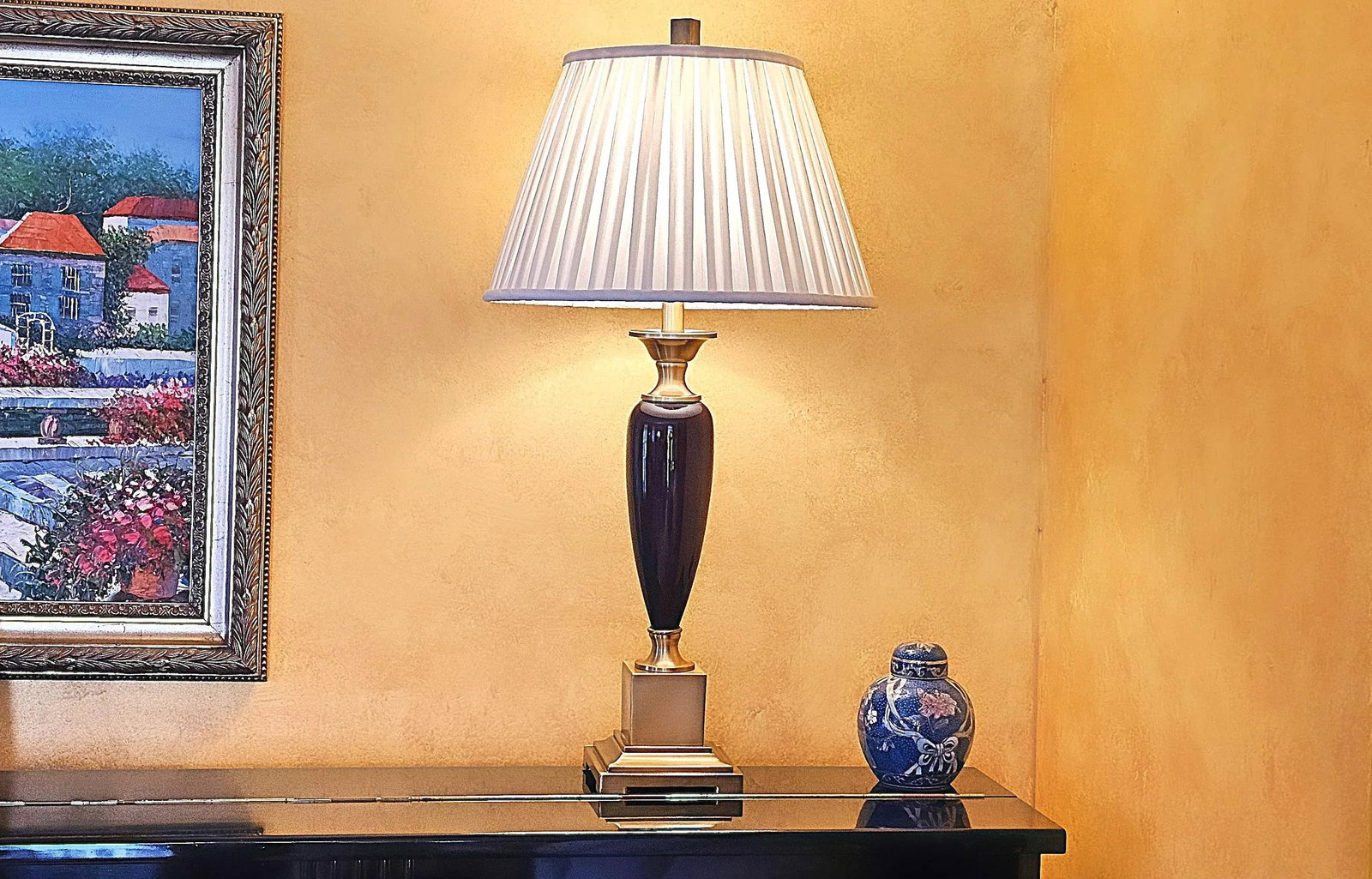 Transitional Style Brass & Deep Purple Ceramic Table Lamp - 12