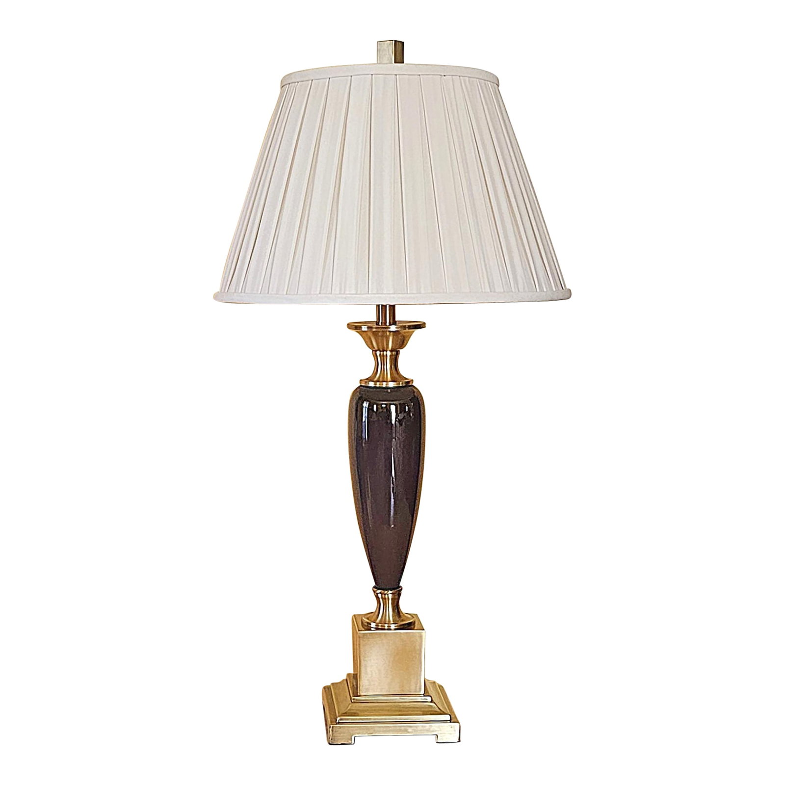 Transitional Style Brass & Deep Purple Ceramic Table Lamp: Add a touch of regal sophistication to your interior with this vintage table lamp featuring a sleek dark purple ceramic base accented with lustrous polished brass and topped with a classic pleated ivo