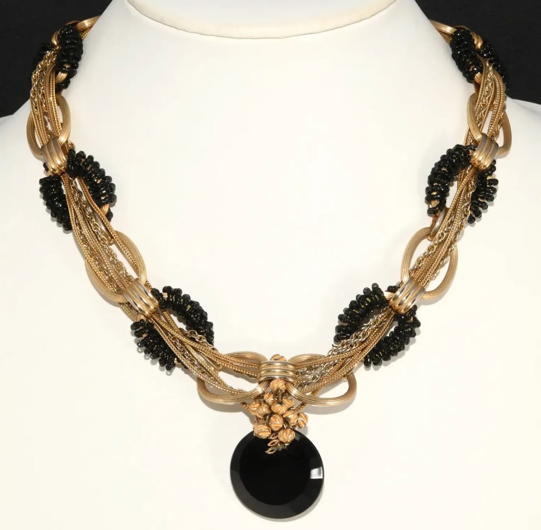 1960s Vintage Black Glass Necklace With Gold Plated Braided Chains - 2