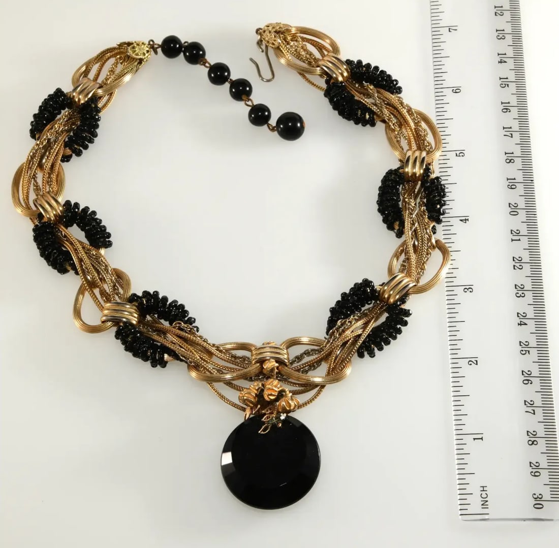 1960s Vintage Black Glass Necklace With Gold Plated Braided Chains - 3