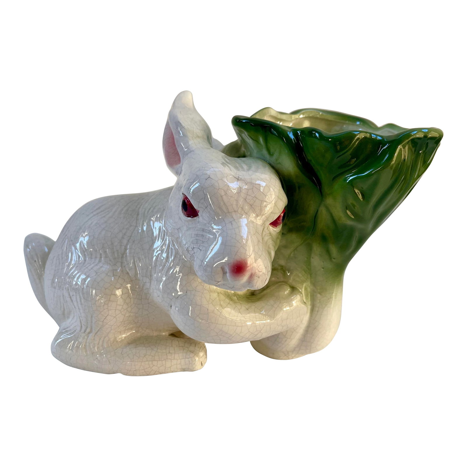 Large Whimsical Vintage Majolica Rabbit and Cabbage Vase Cachepot Sculpture (1 of 10)