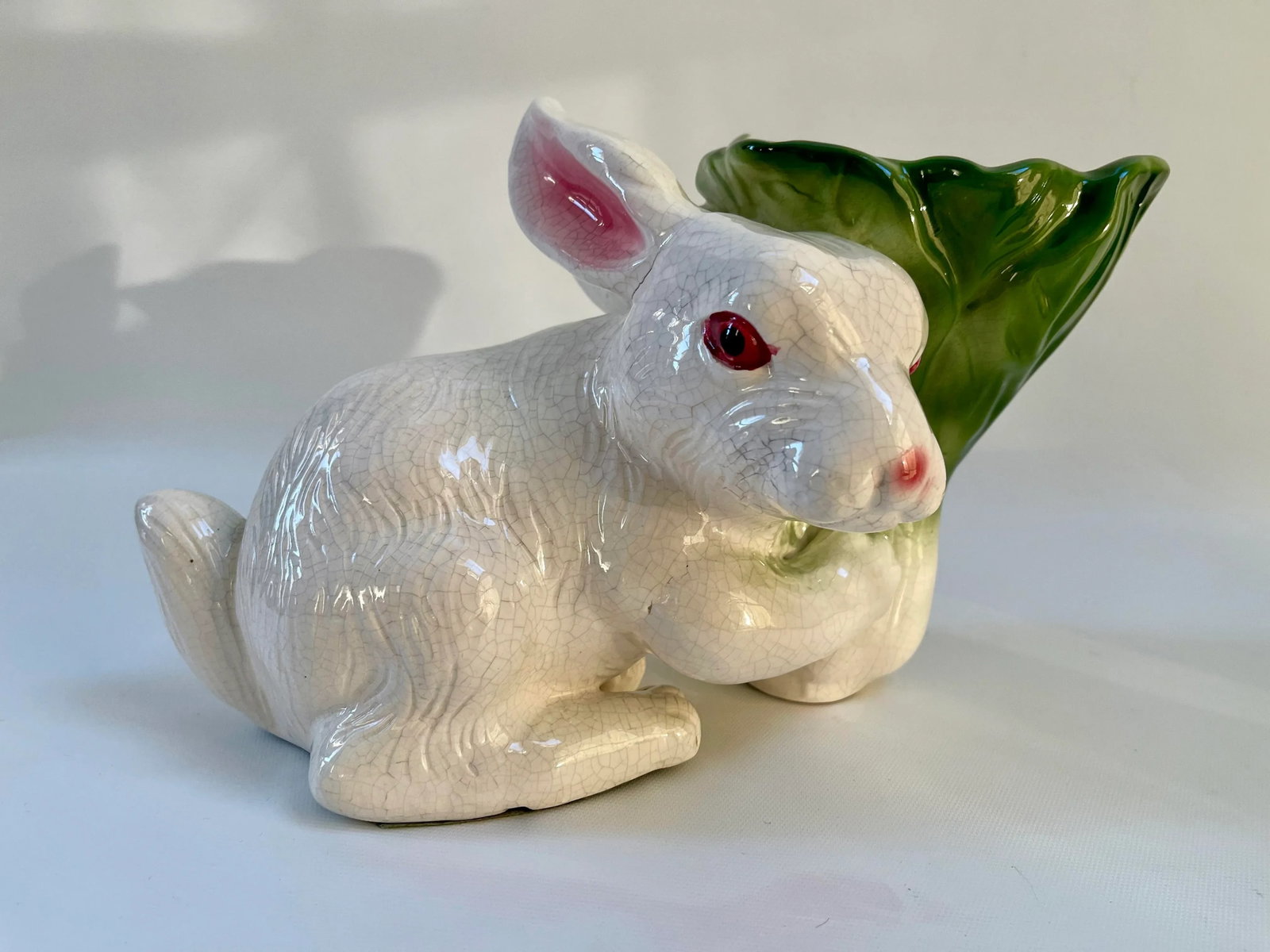 Large Whimsical Vintage Majolica Rabbit and Cabbage Vase Cachepot Sculpture - 2