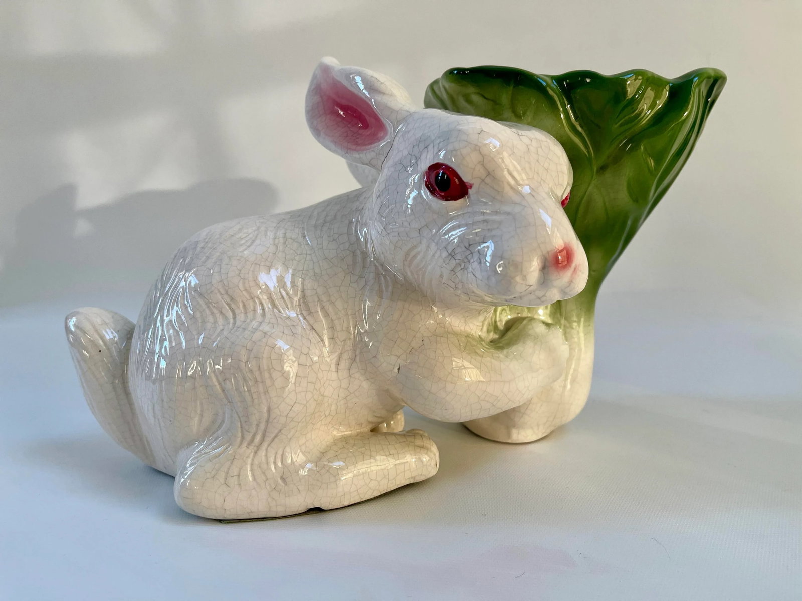 Large Whimsical Vintage Majolica Rabbit and Cabbage Vase Cachepot Sculpture - 3