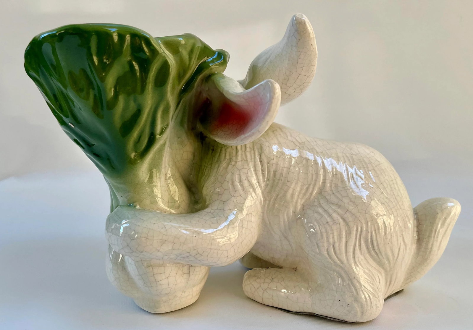 Large Whimsical Vintage Majolica Rabbit and Cabbage Vase Cachepot Sculpture - 5