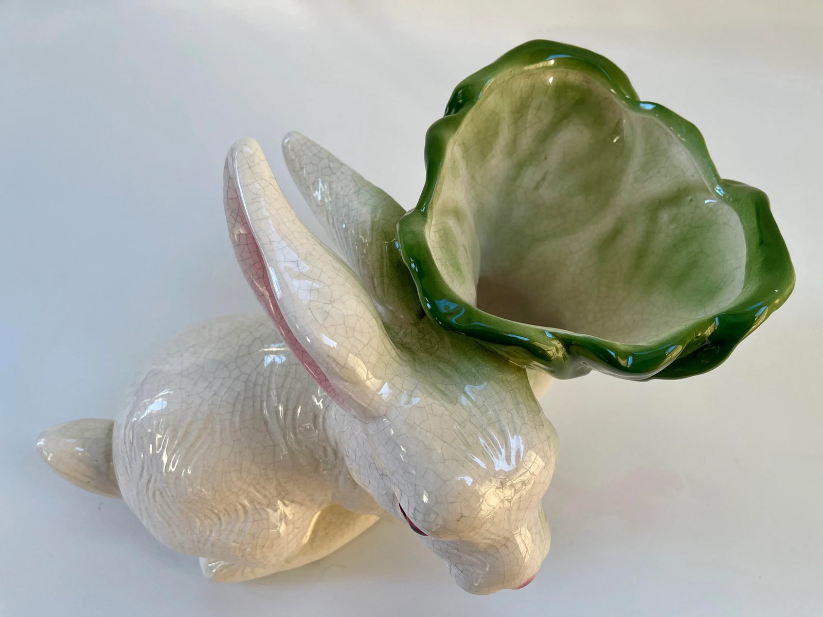 Large Whimsical Vintage Majolica Rabbit and Cabbage Vase Cachepot Sculpture - 7