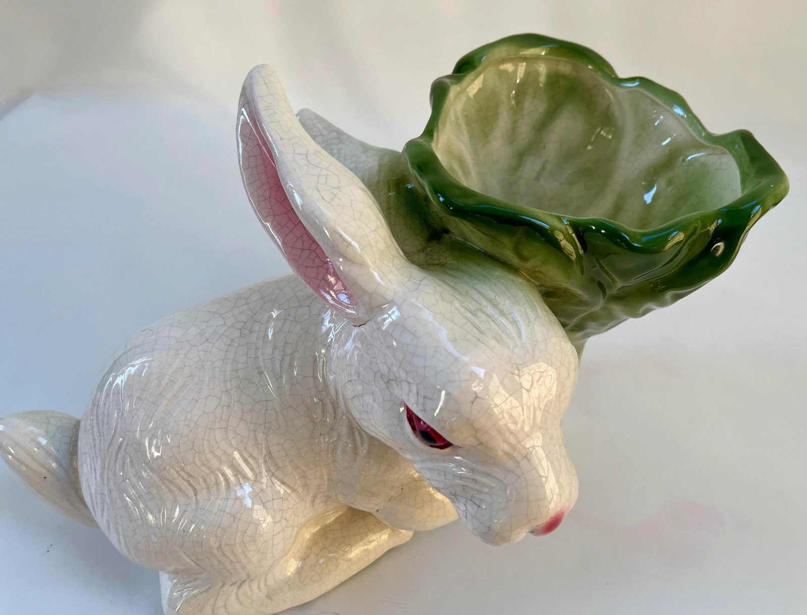 Large Whimsical Vintage Majolica Rabbit and Cabbage Vase Cachepot Sculpture - 8