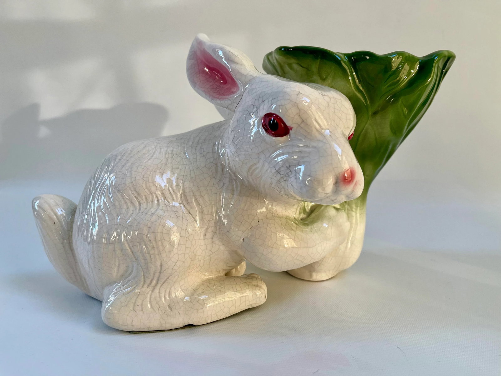 Large Whimsical Vintage Majolica Rabbit and Cabbage Vase Cachepot Sculpture - 9