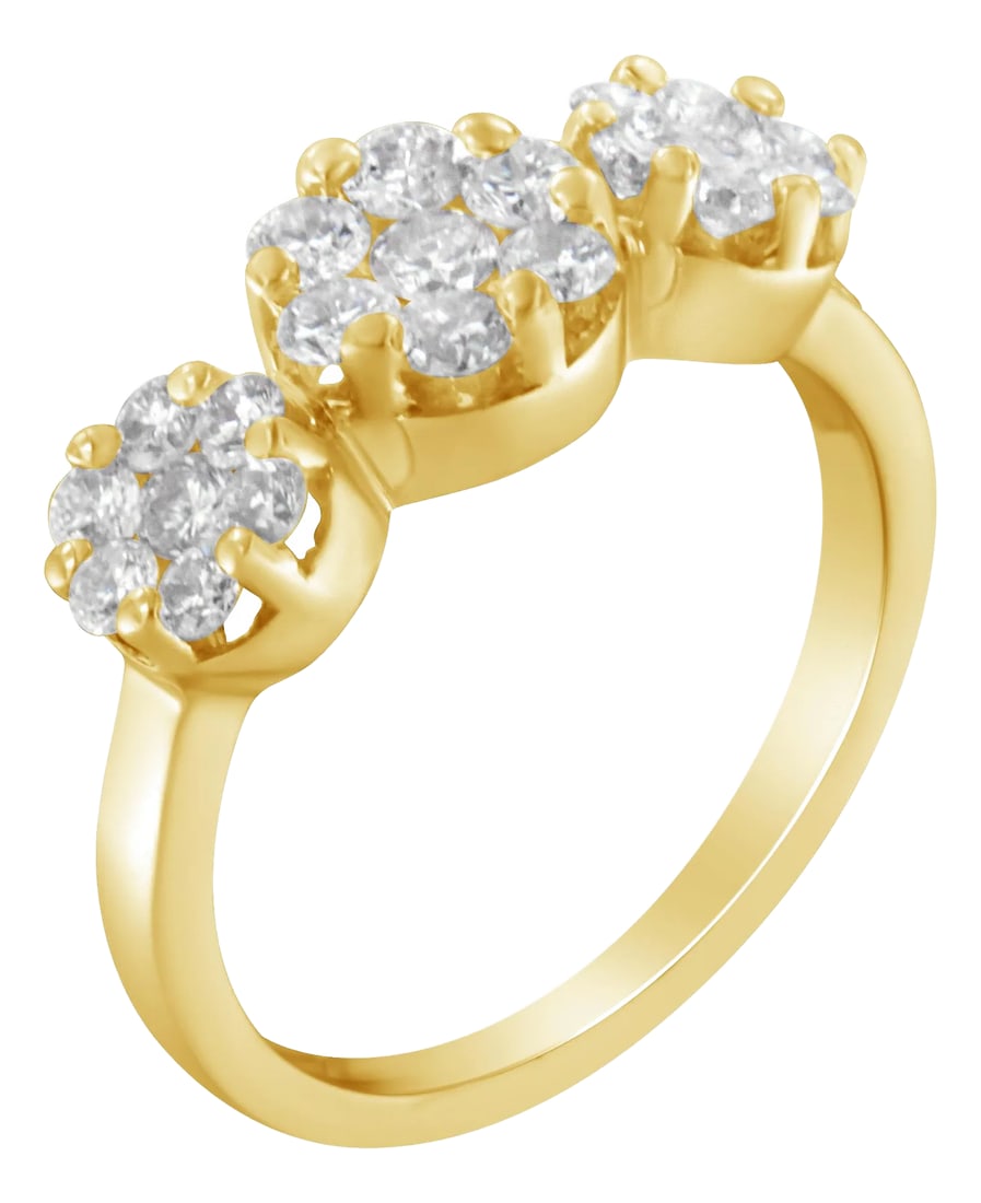 14K Yellow Gold 1-1/4 Cttw Brilliant Cut Diamond Three Round Floral Clusters Engagement or Fashion R: Elegant and timeless, this 14K yellow or white gold diamond cocktail ring features 1.25 carat total weight of diamonds with 21 individual stones. The fashion ring features three round, floral