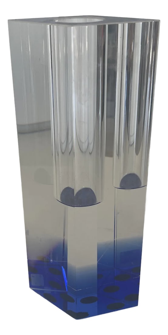 Crystal Vase With Blue Fused Color Bottom: Crystal blue and clear vase with blue infused color. Condition: Imperfections: No Imperfections Condition Notes: From our inventory. Origin: Denmark Materials & Techniques: Crystal Details: