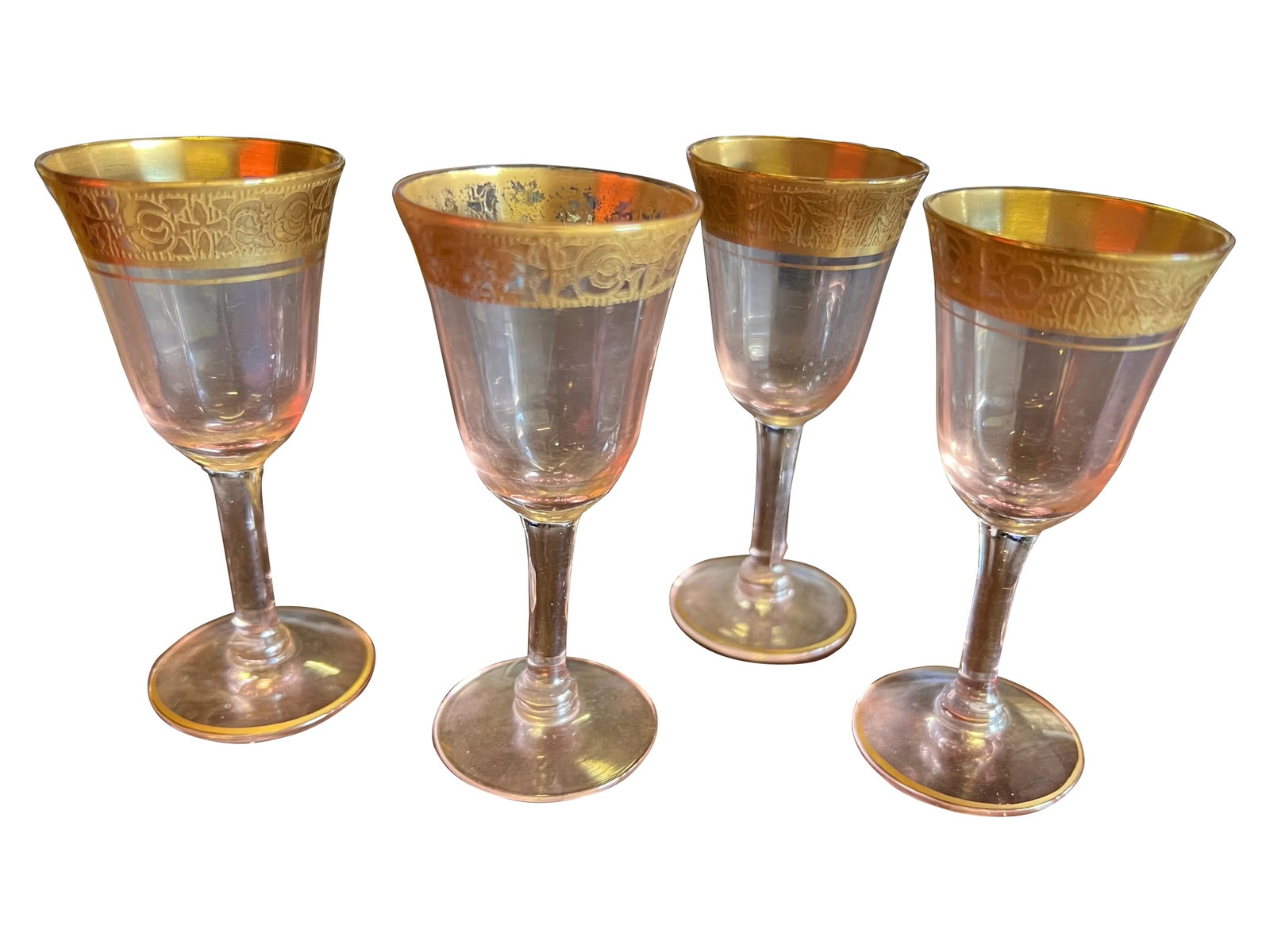 Early 20th Century Pink & Gold Cordial Stemmed Glasses - Set of 4 (1 of 7)