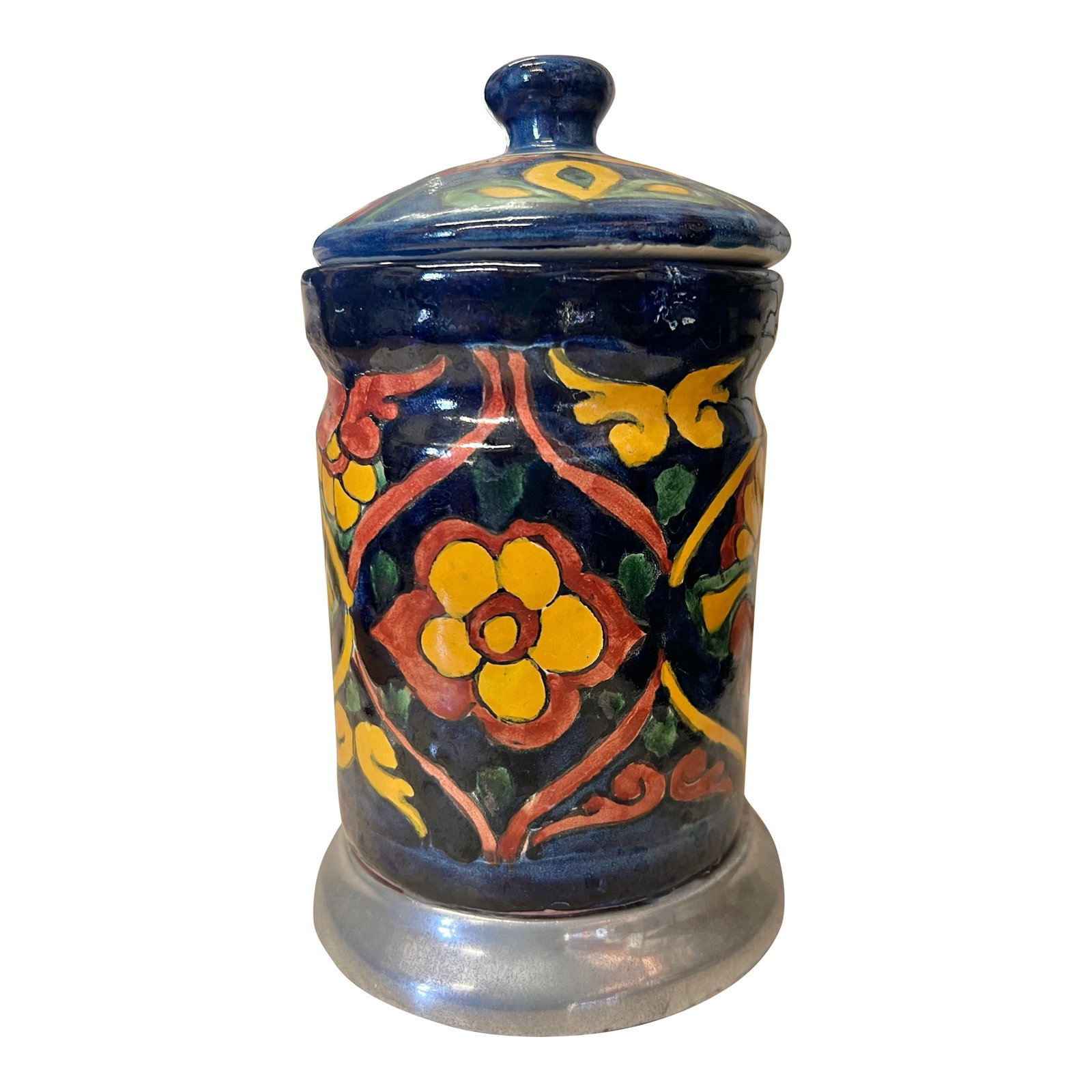 Vintage Lidded Talavera Mexican Pottery Jar: Colorful Mexican Talavera pottery Lidded Jar. Pewter base with vibrant hues and intricate patterns of Mexico's rich artistic heritage. This can be used as a jar is or are equally beautiful as a vase