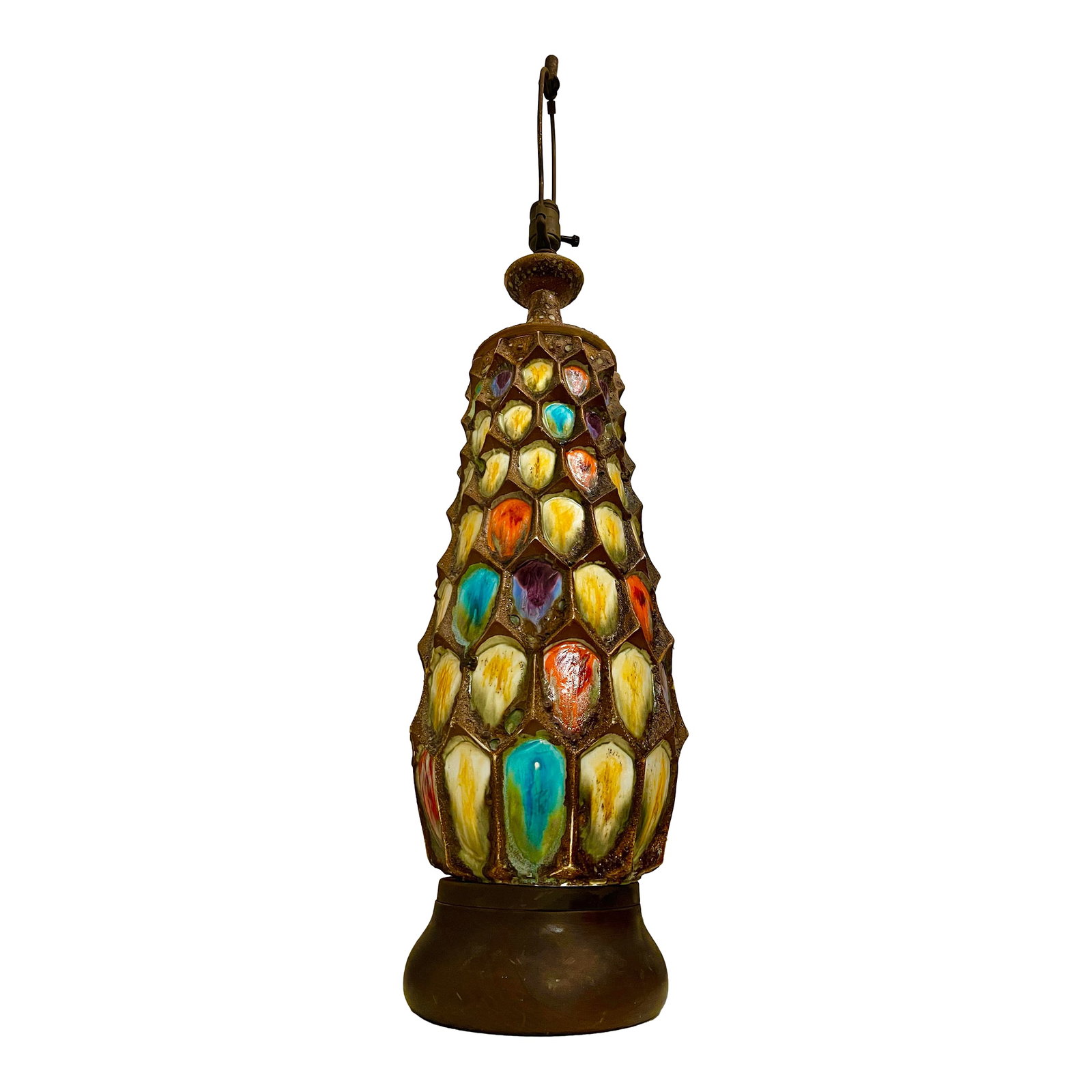 Mid 20th Century Large Mid Century West German Fat Lava Lamp: This is a large Mid Century West German Fat Lava lamp with a multicolored honeycomb-like design. The ceramic vessel has the lava drip glazed technique. This lamp screams art, if you're looking to add
