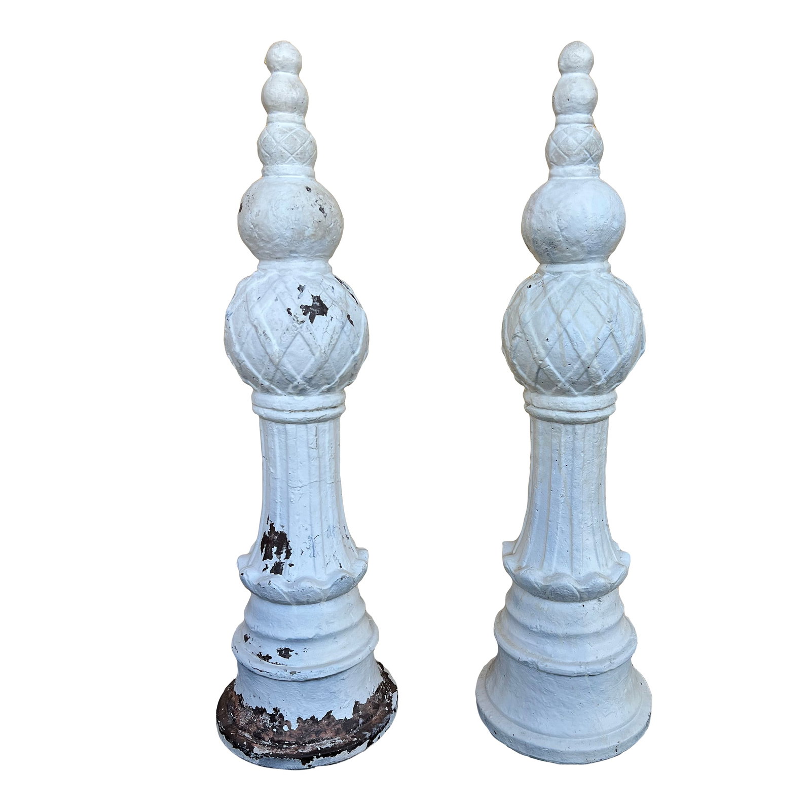 Vintage Garden Decorative Concrete Finials - Set of 2: Vintage concrete pair of decorative garden statues. Measures almost 30" tall. Has some white paint chipping underneath looks to be brown. Condition: Alterations: Original Condition Unaltered
