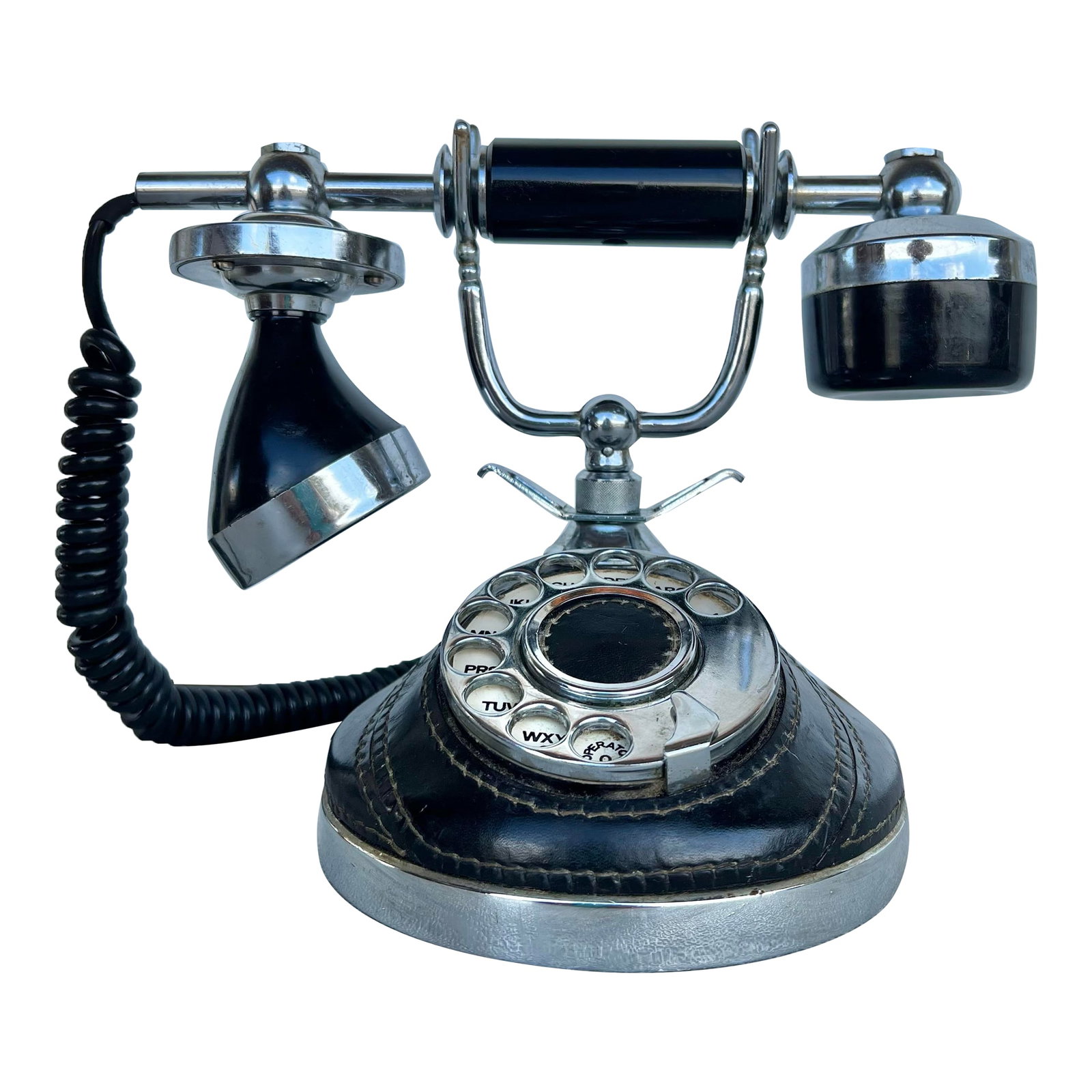 Mid 20th Century TelcerTelefonia Vimodrone Brass, Leather & Wood Phone from Italy: Vintage black TELCER Telefonia telephone. Made in Italy . The black Leather with top stitching add a touch of elegance to the phone, making it a great conversation piece on a desk in an office. The