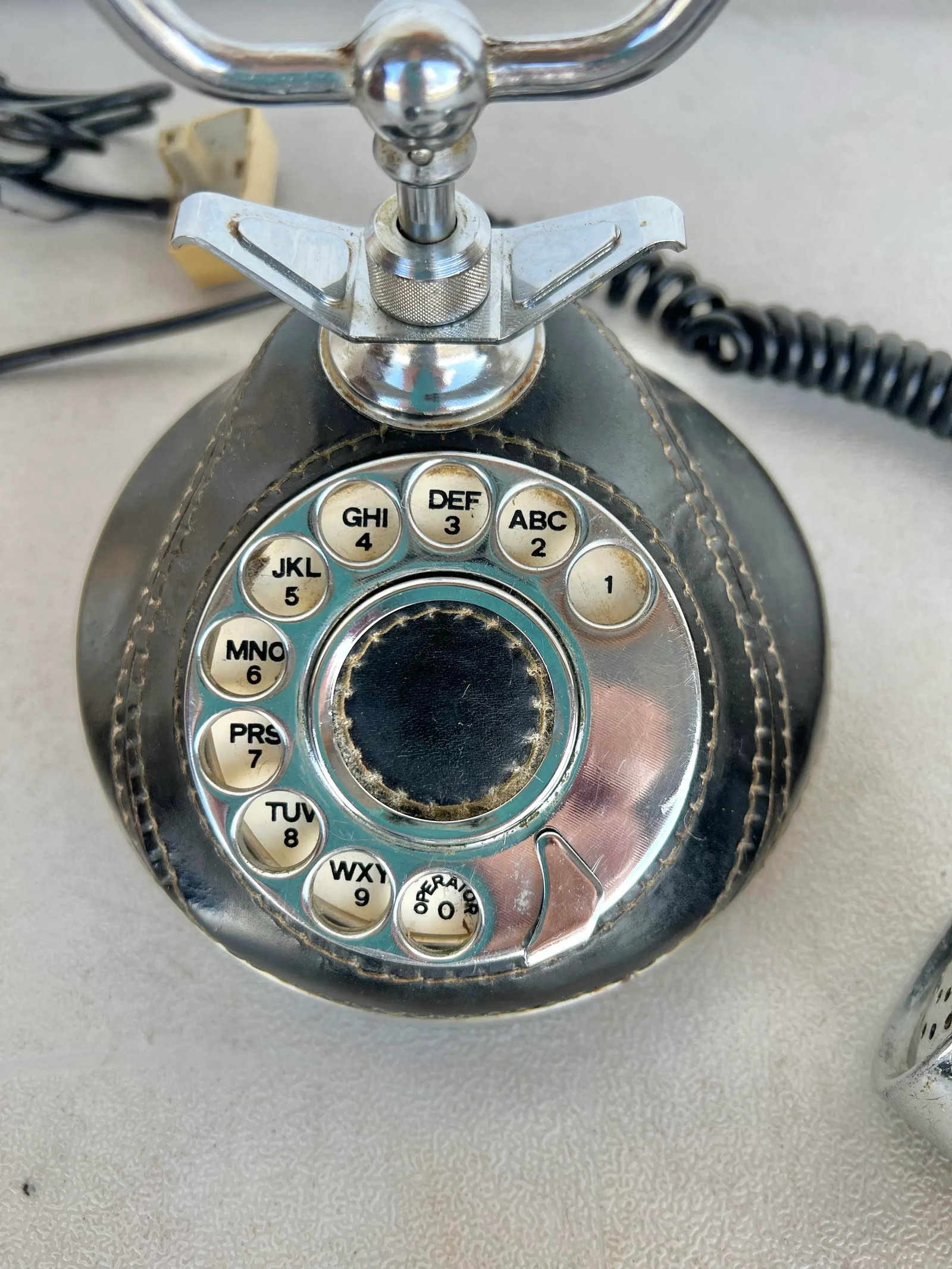 Mid 20th Century TelcerTelefonia Vimodrone Brass, Leather & Wood Phone from Italy - 4