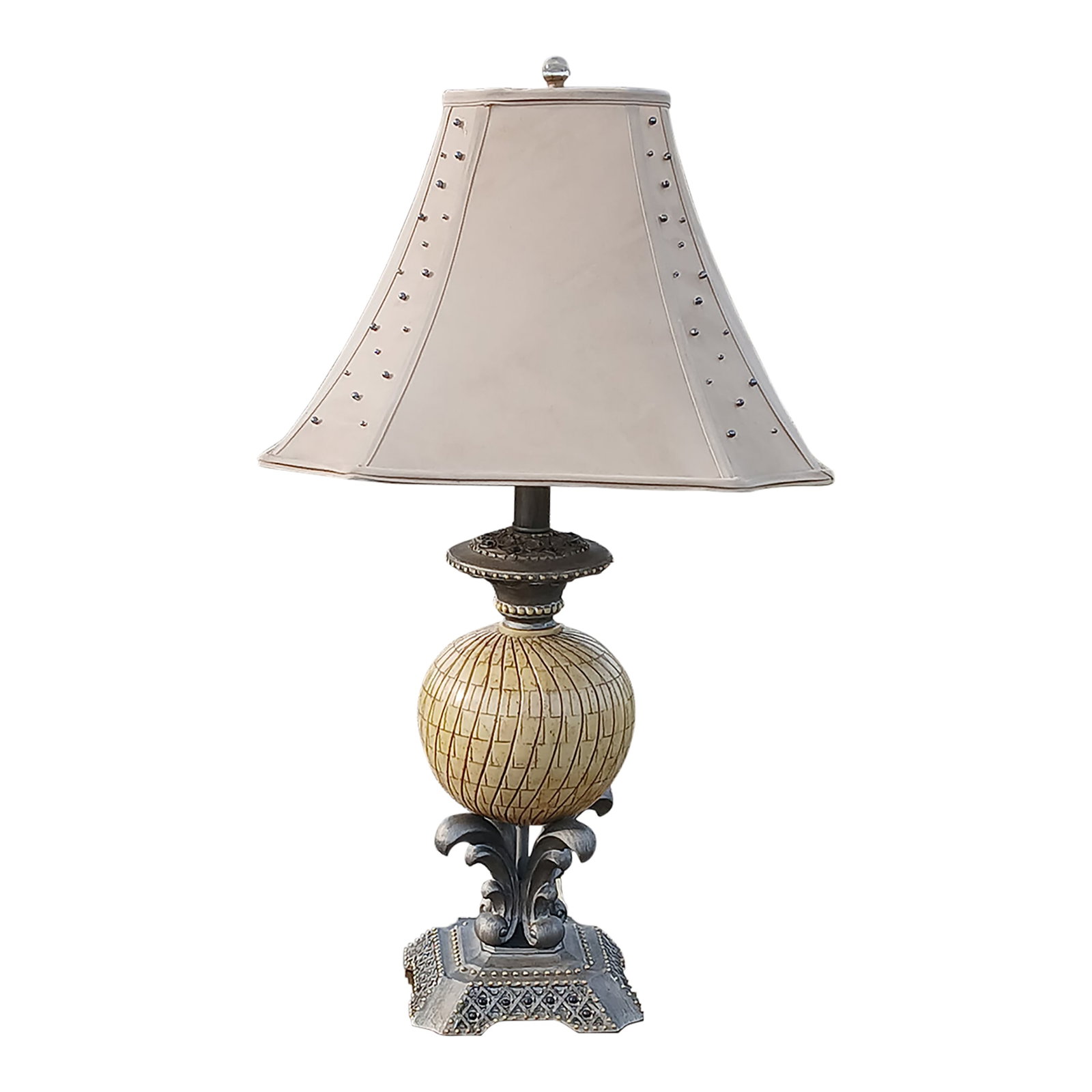 Vintage Ornate Table Lamp With Studded Shade: Vintage Ornate Table Lamp with Studded Shade - Unique Accent Piece Elevate your space with this stunning vintage table lamp, featuring an intricately designed base and a striking studded lampshade.
