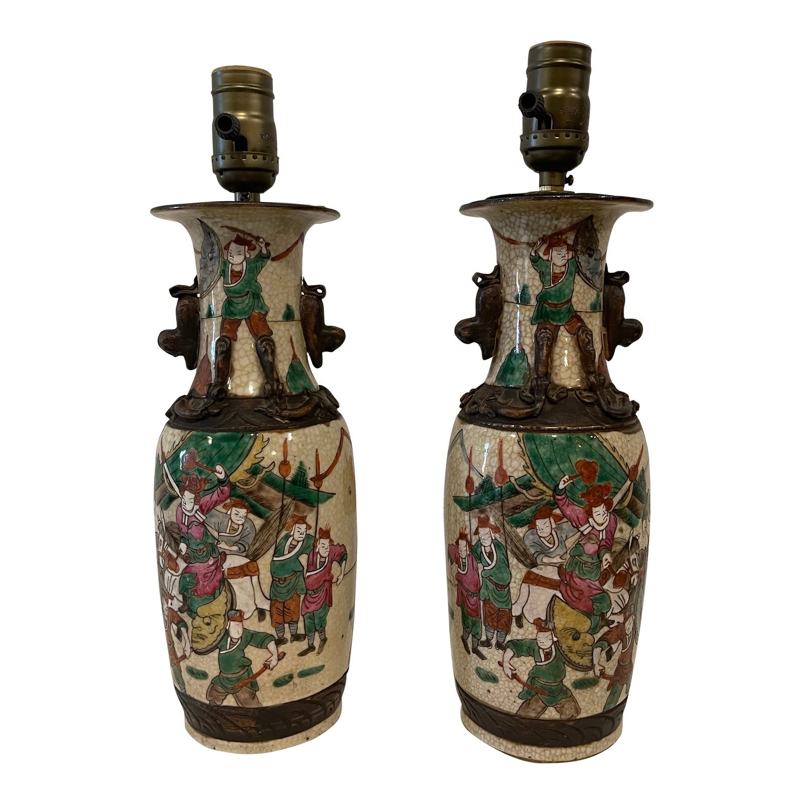 Pair of Antique Chinese Nanking Famille Verte Vases Mounted as Lamps: Pair of 19th Century Nanking Chinese Famille Verte Battle of 3 Kingdoms Vases, mounted as lamps. Decorated crackle glaze with colored enamels and bronzed bands around rim, neck, and base. Band around