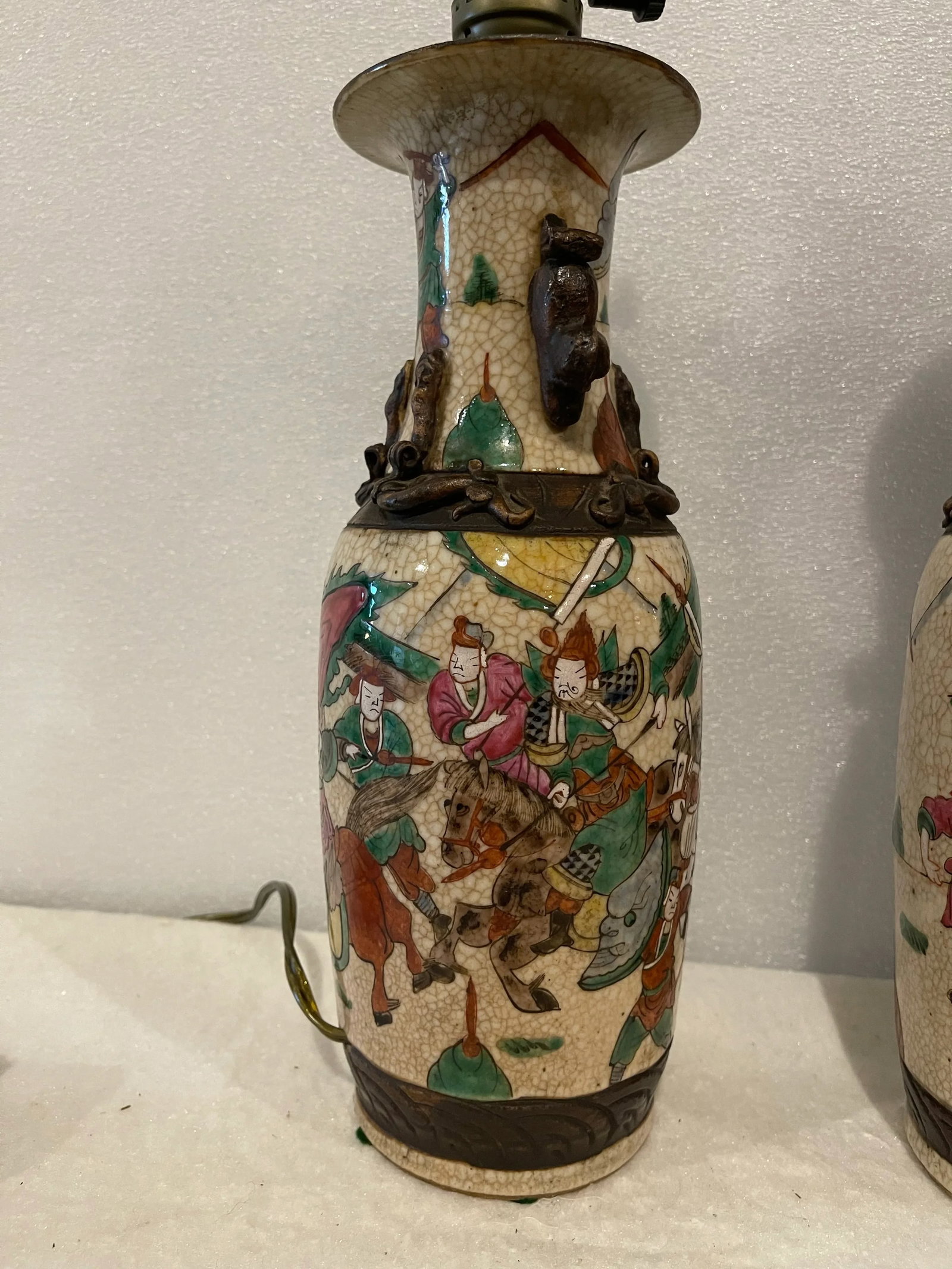 Pair of Antique Chinese Nanking Famille Verte Vases Mounted as Lamps - 3