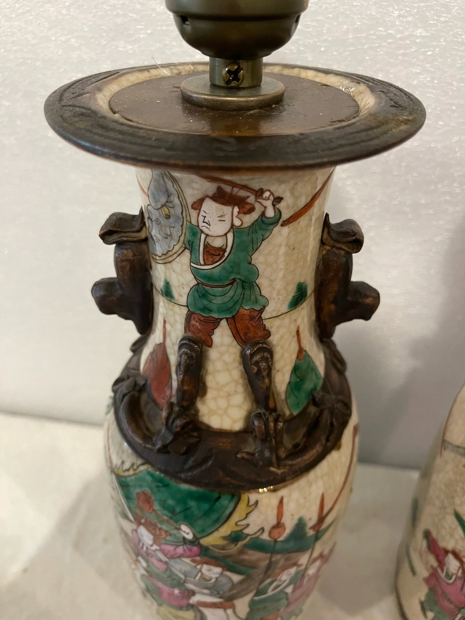 Pair of Antique Chinese Nanking Famille Verte Vases Mounted as Lamps - 4