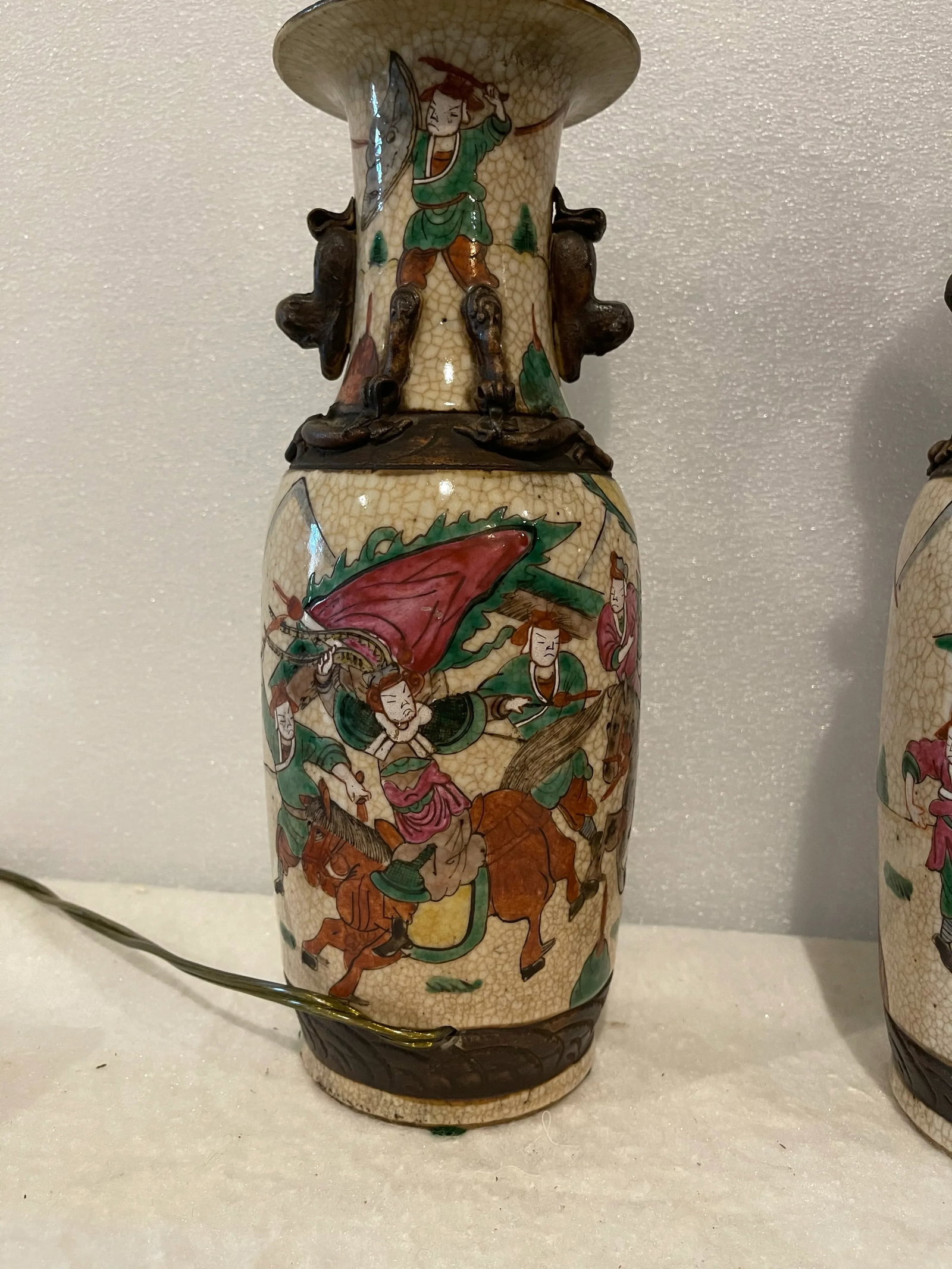 Pair of Antique Chinese Nanking Famille Verte Vases Mounted as Lamps - 5