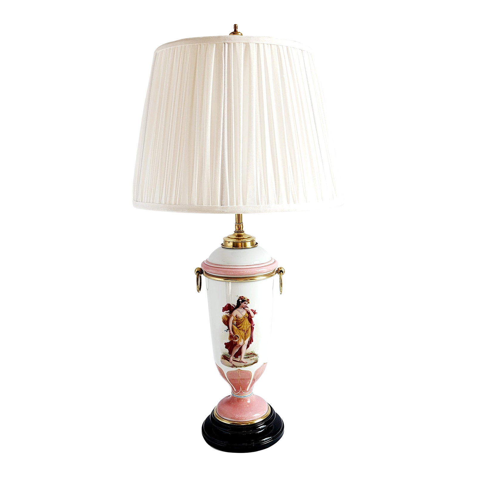 Antique Victorian Late 19th Century Hinks & Sons Opaline Glass Table Lamp: Your opportunity to own a very rare mid-late 19th century transferware opaline glass table lamp by Hinks & Sons. Featuring a Victorian motif of a woman with floral hat holding a sickle and hay. The la
