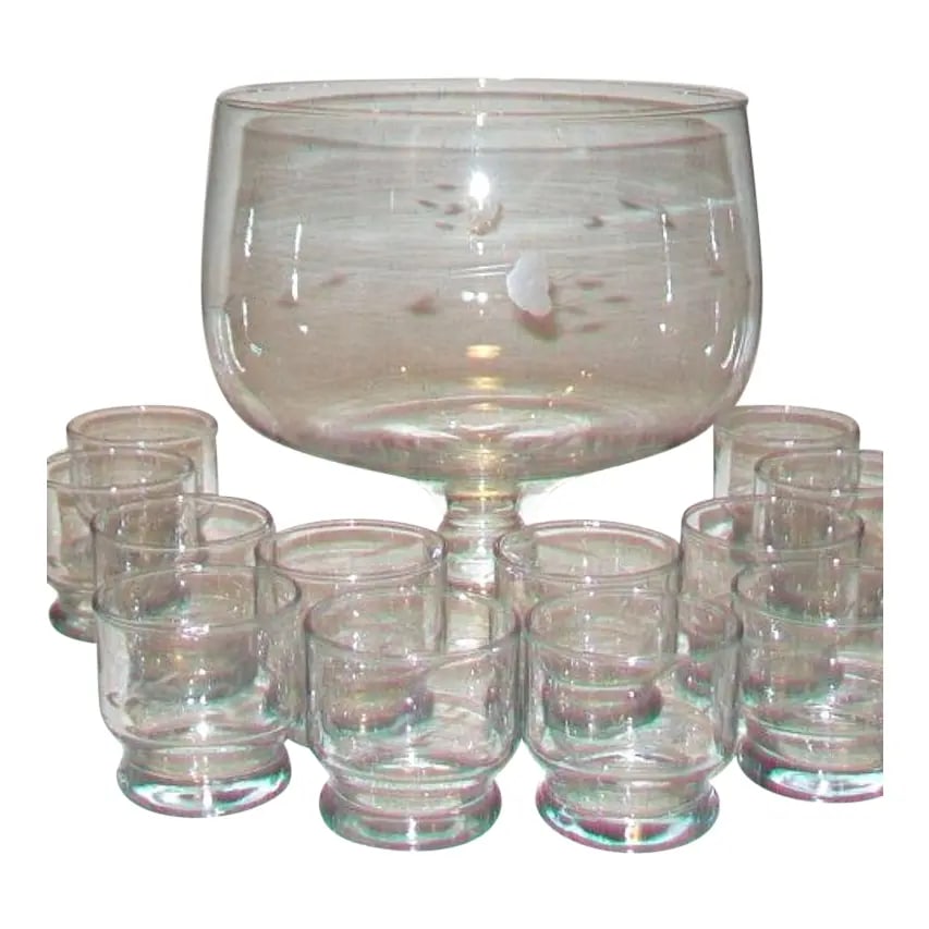Vintage Floral Etched Crystal Glass Punch Bowl Set of 13 - 2