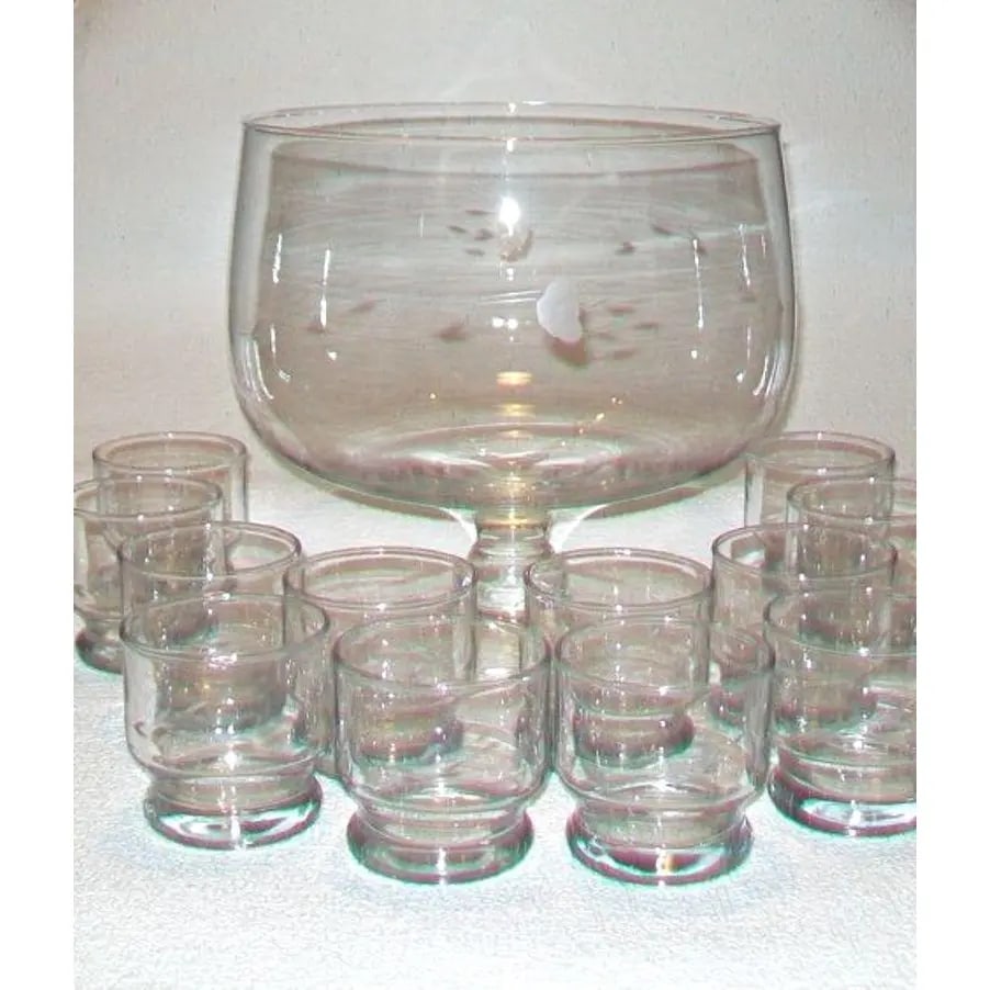 Vintage Floral Etched Crystal Glass Punch Bowl Set of 13 - 3