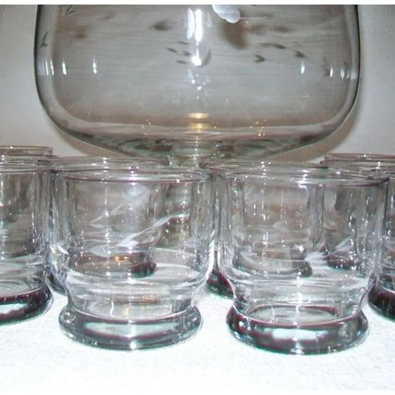 Vintage Floral Etched Crystal Glass Punch Bowl Set of 13 - 4
