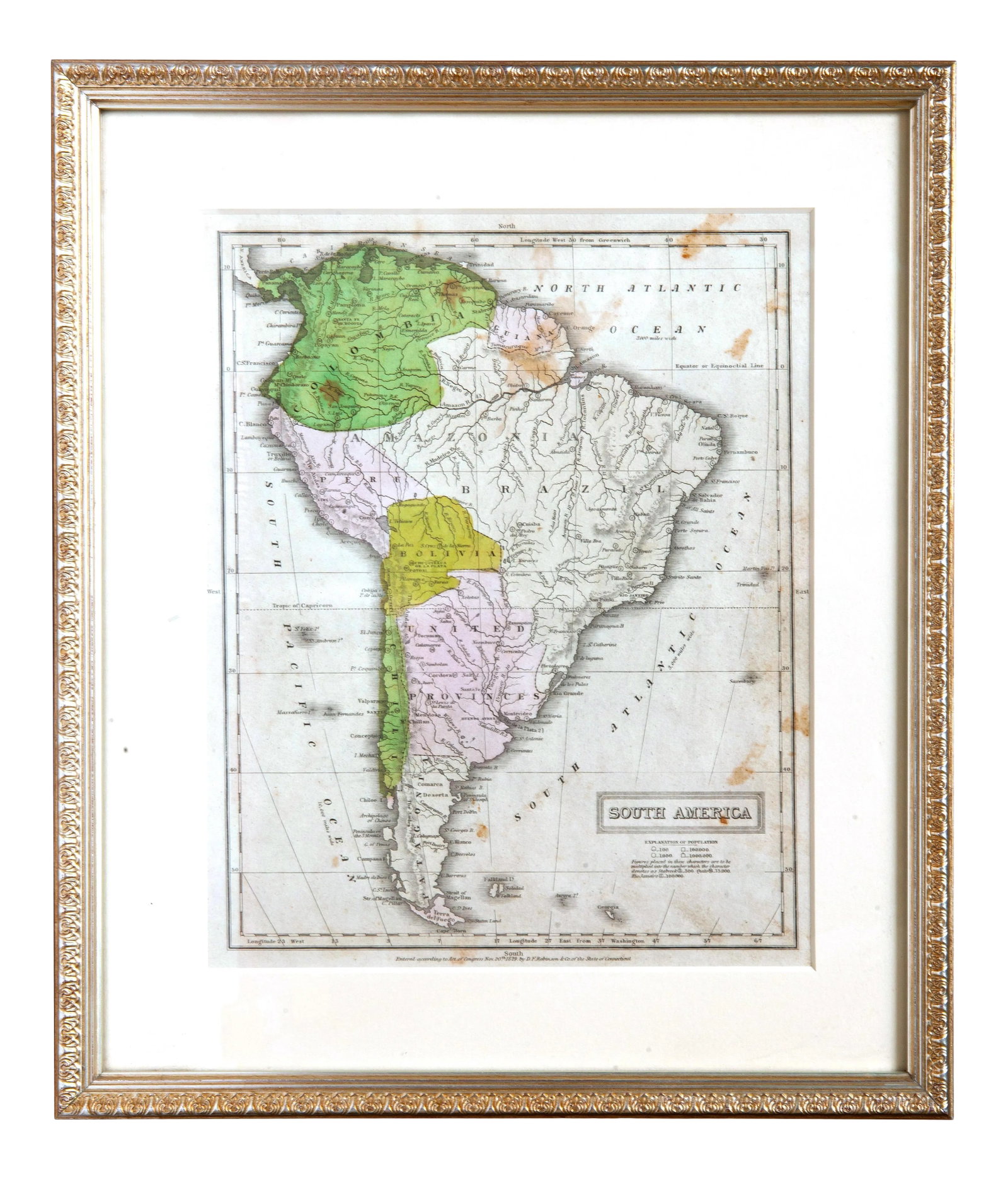 Hand Colored Antique Map of South America, Framed: Hand colored Antique Map of South America, newly framed & matted. Museum quality matting & frame. Condition: Alterations: Original Design Modified Imperfections: Some Imperfections Condition Notes: Ne