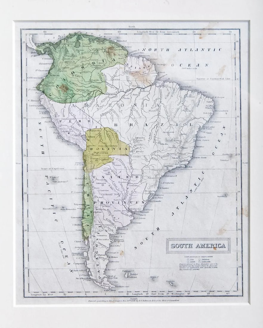 Hand Colored Antique Map of South America, Framed - 3