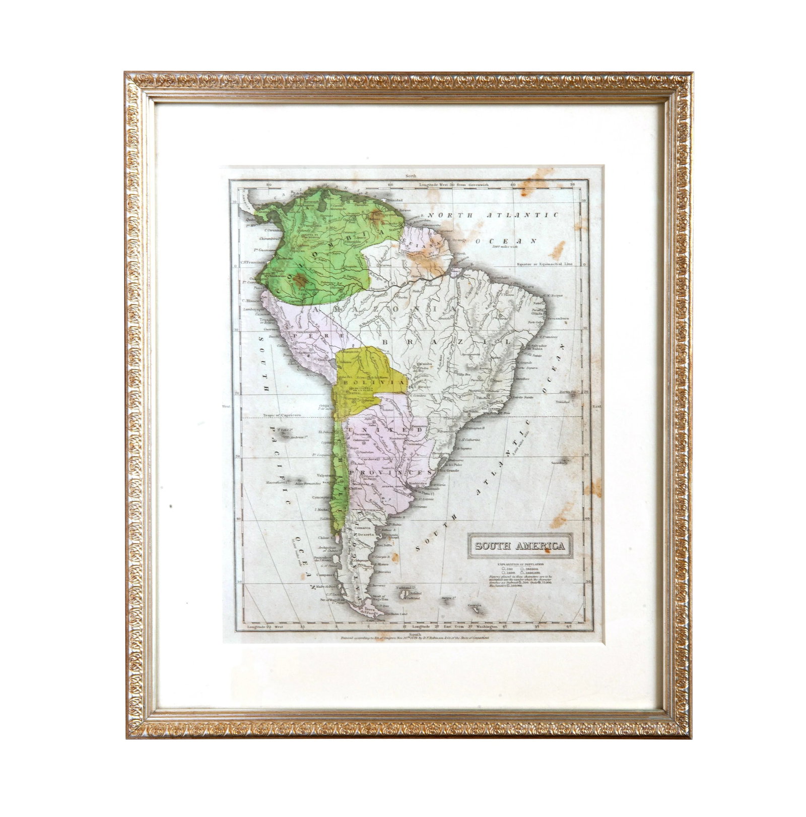 Hand Colored Antique Map of South America, Framed - 5
