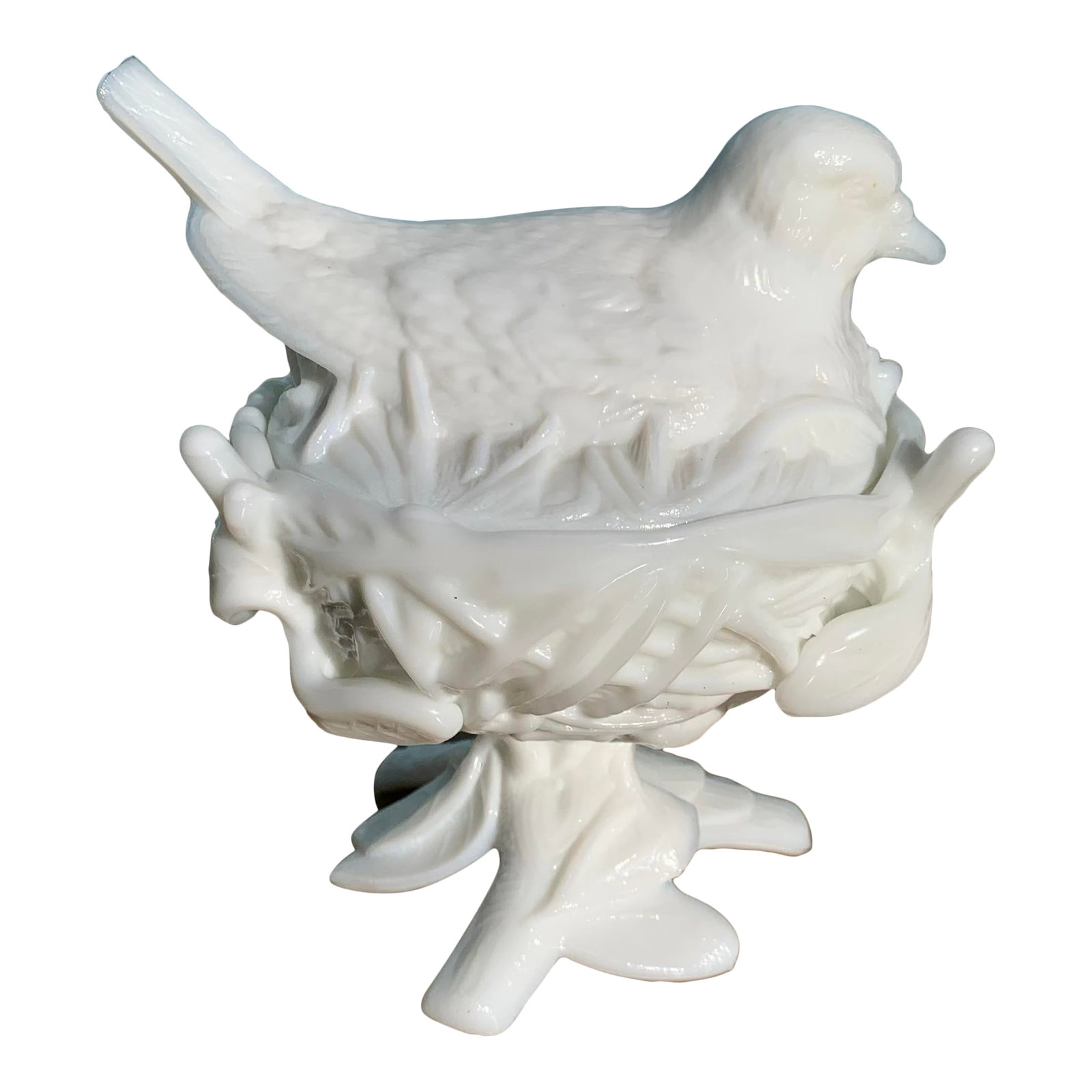 1970s Ceramic Bird on Nest Vessel: 1970s vintage milk glass lidded vessel. With dove bird lid resting on tree branch nest vase. Condition: Alterations: Original Condition Unaltered Imperfections: Some Imperfections Condition Notes: