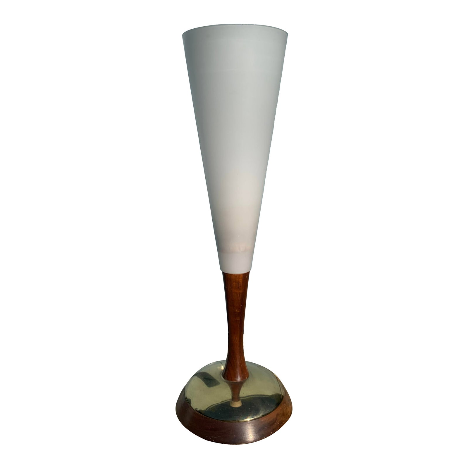 1950s Vintage Wood and Glass Desk Lamp: Wood mid century desk lamp. Round wood and polished brass base and white cone shaped milk glass shade. Condition: Alterations: Original Condition Unaltered Imperfections: Some Imperfections Condition 