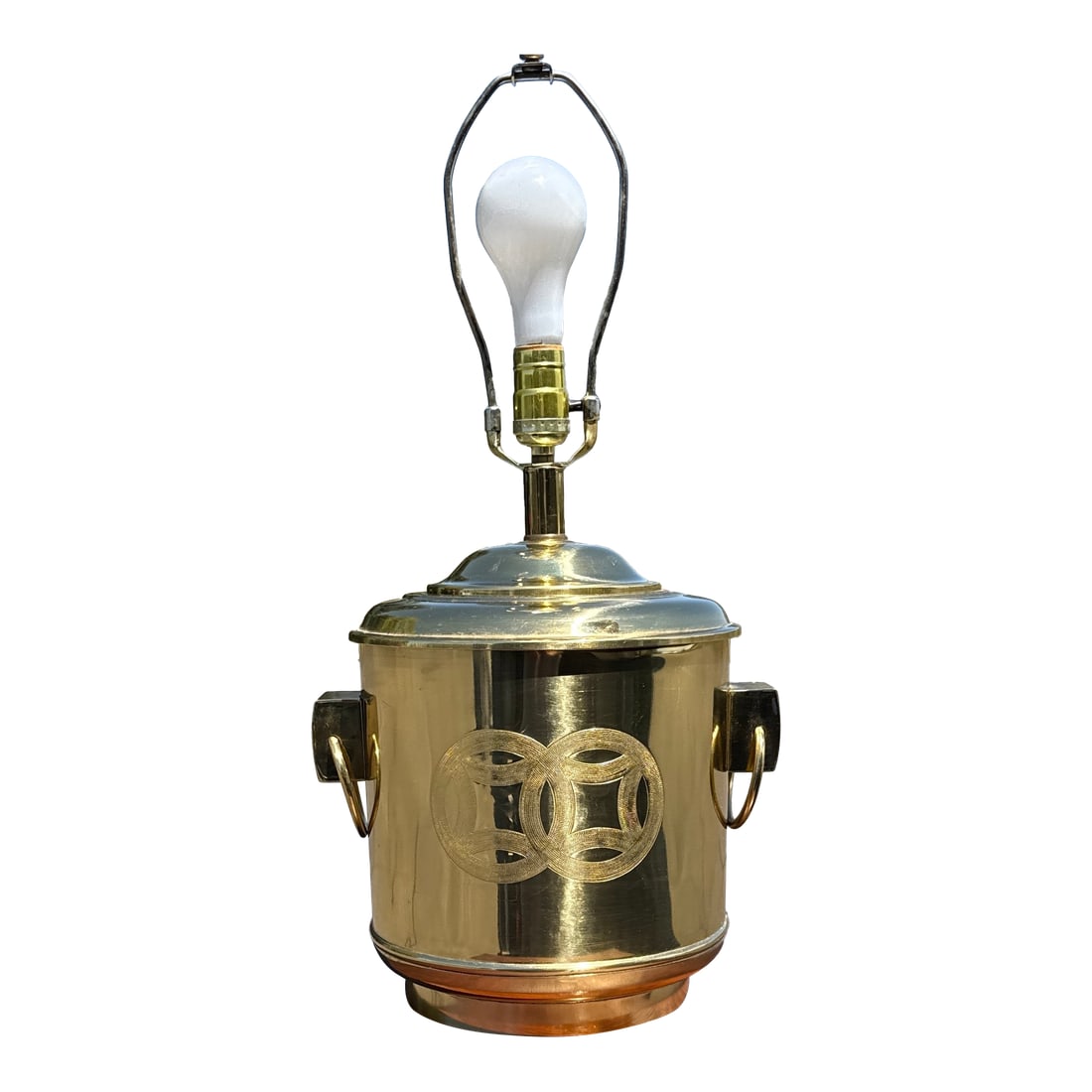 Vintage Chinoiserie Motif Brass Drum Table Lamp on Wooden Base Thomas Cooper: 28" to top of finial . The canister body is 12" tall x 12" wide. In good condition with minor signs of wear from its age. (Shade not included.) I thnk a slightly larger shade then the one i have