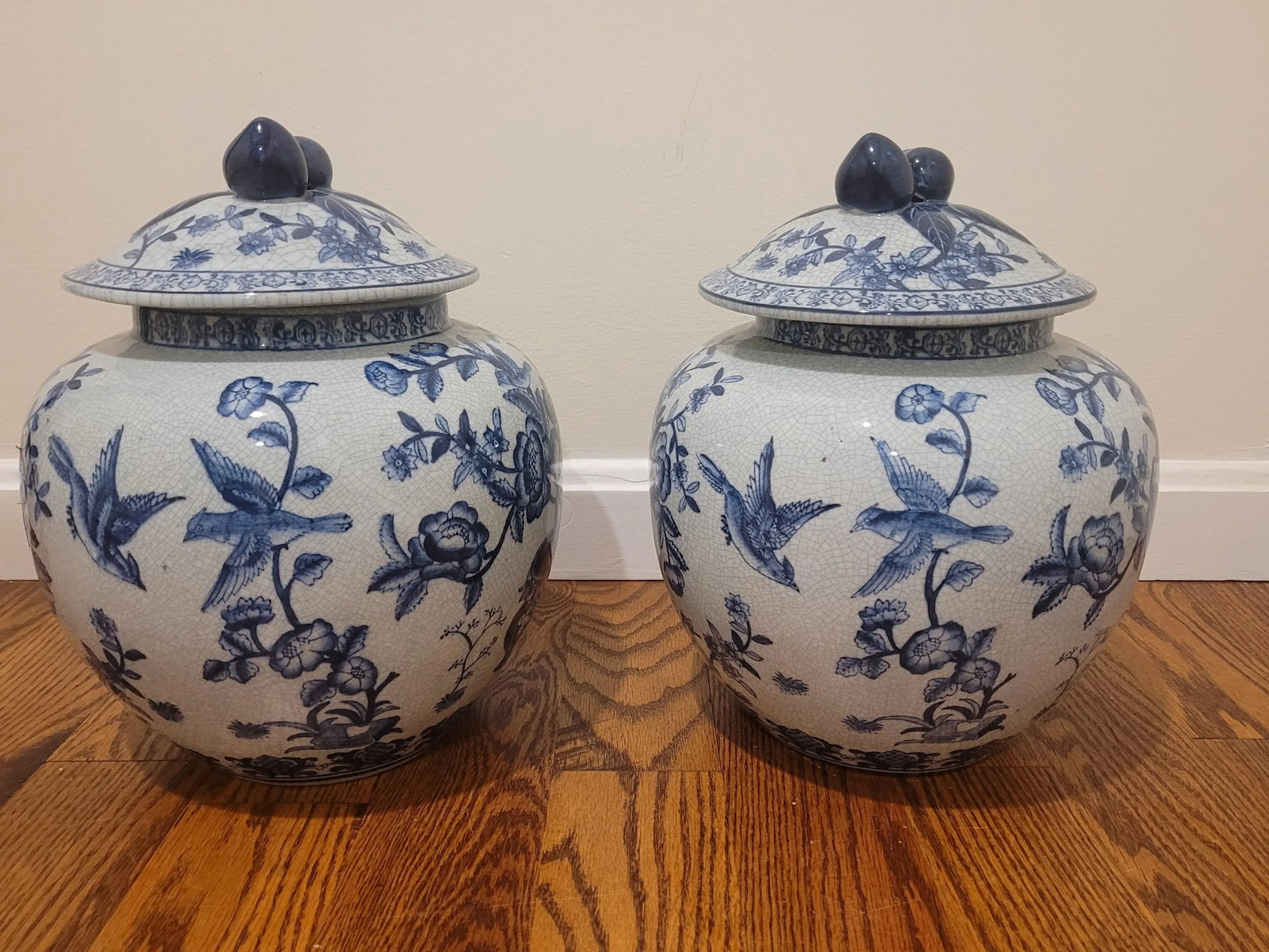 Pair of Vintage Blue and White Lidded Urns - 2